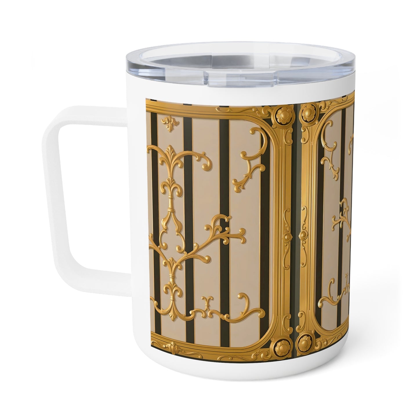 Elegant Insulated Coffee Mug, 10oz - Perfect for Home, Office, Travel, Gift for Coffee Lovers, Decorative Travel Mug - Beige Striped Gold Rococo