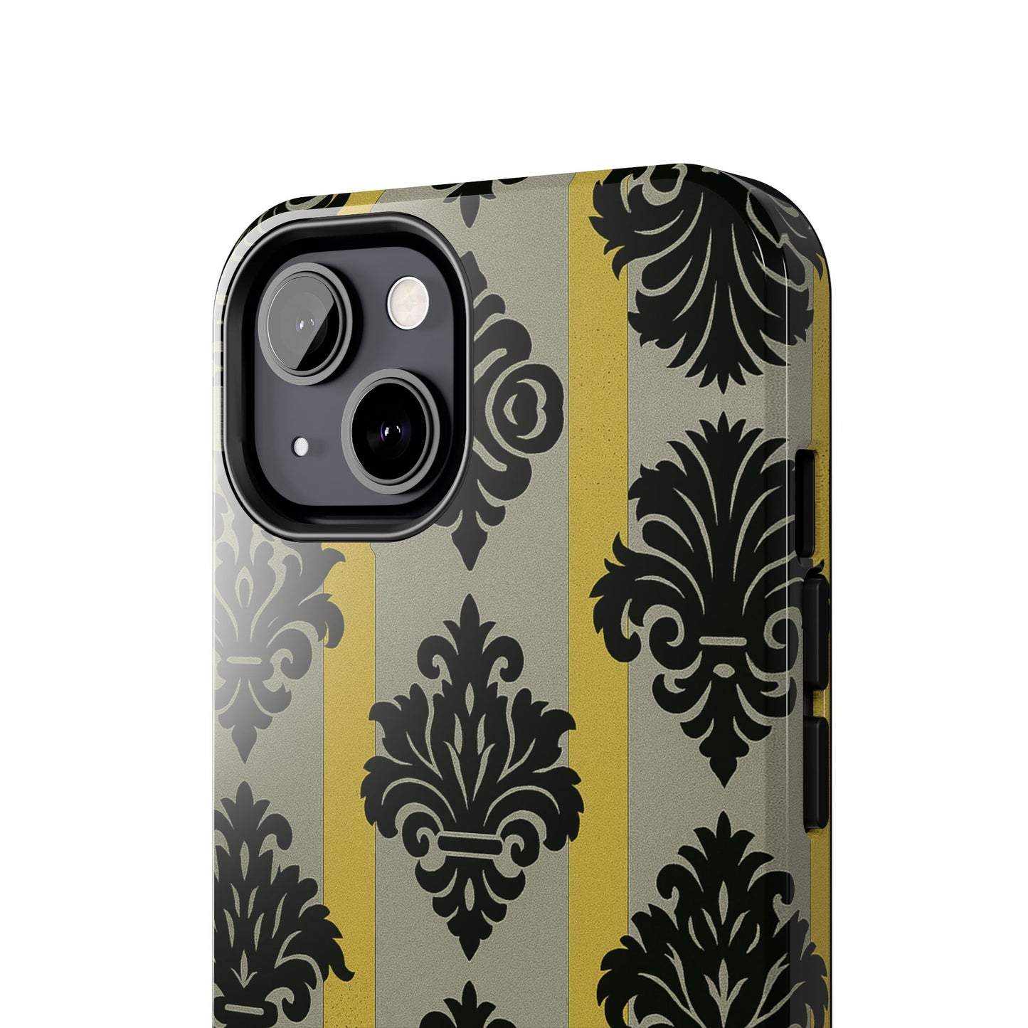 Elegant Baroque Tough Phone Cases | Chic Phone Protection | Gift for Her | Stylish Accessory | Holiday Gift Idea | Silver & Gold Striped Black Baroque