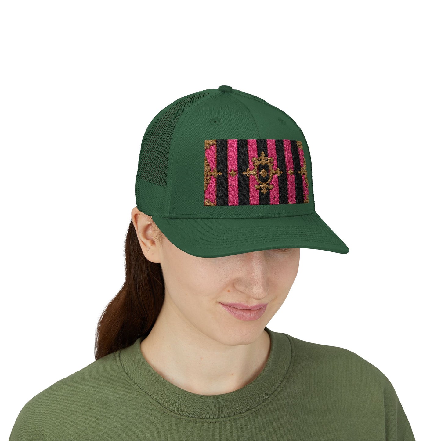 Stylish Snapback Trucker Cap with Black & Mauve Striped Gold Baroque, Trendy Fashion Hat, Perfect Gift for Him/Her