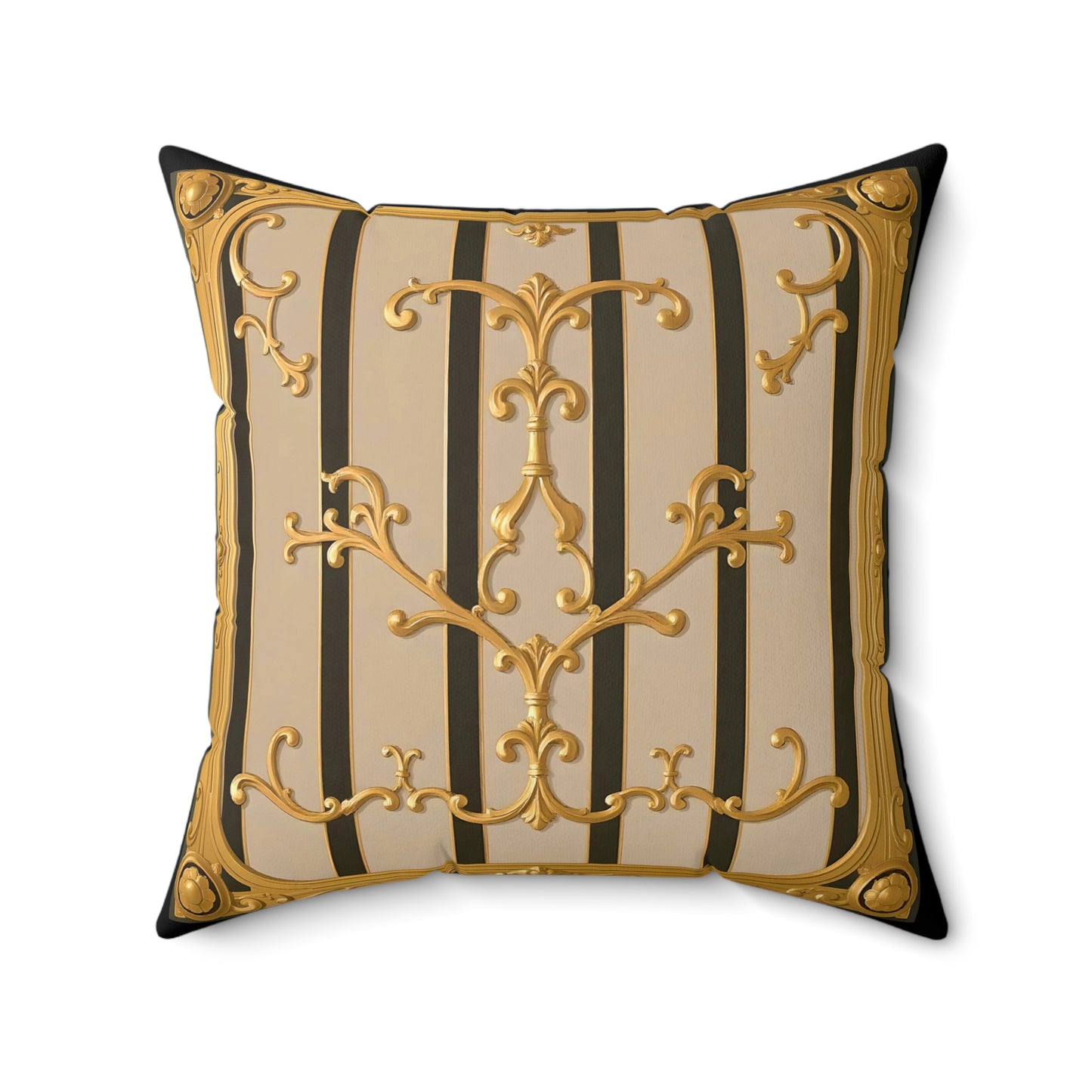 Elegant Faux Suede Square Pillow with Ornate Design, Decorative Cushion, Home Decor, Luxury Throw Pillow - Beige Striped Gold Rococo