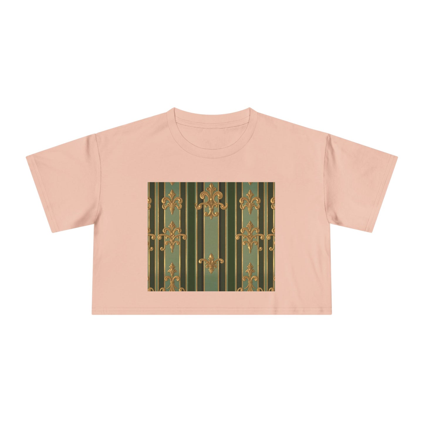 Chic Baroque Women's Crop Tee, Trendy Summer Top, Casual Outing Shirt, Stylish Layering Piece, Gift for Her - Green Striped Gold Baroque
