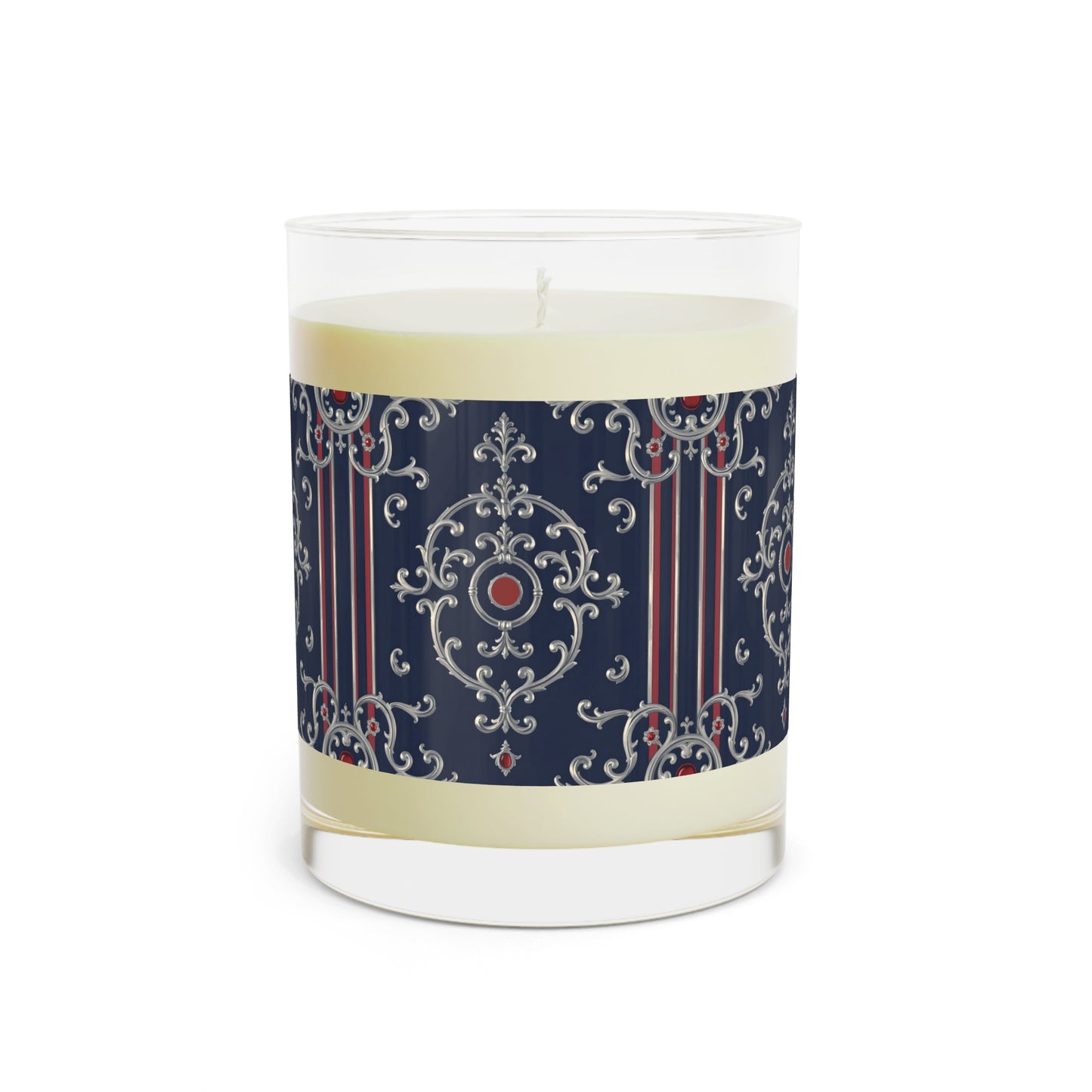 Elegant Aromatic Candle - Home Decor Gift, Relaxing Ambiance, Party Favors, Self-Care Moments - Blue & Red Striped Silver Baroque