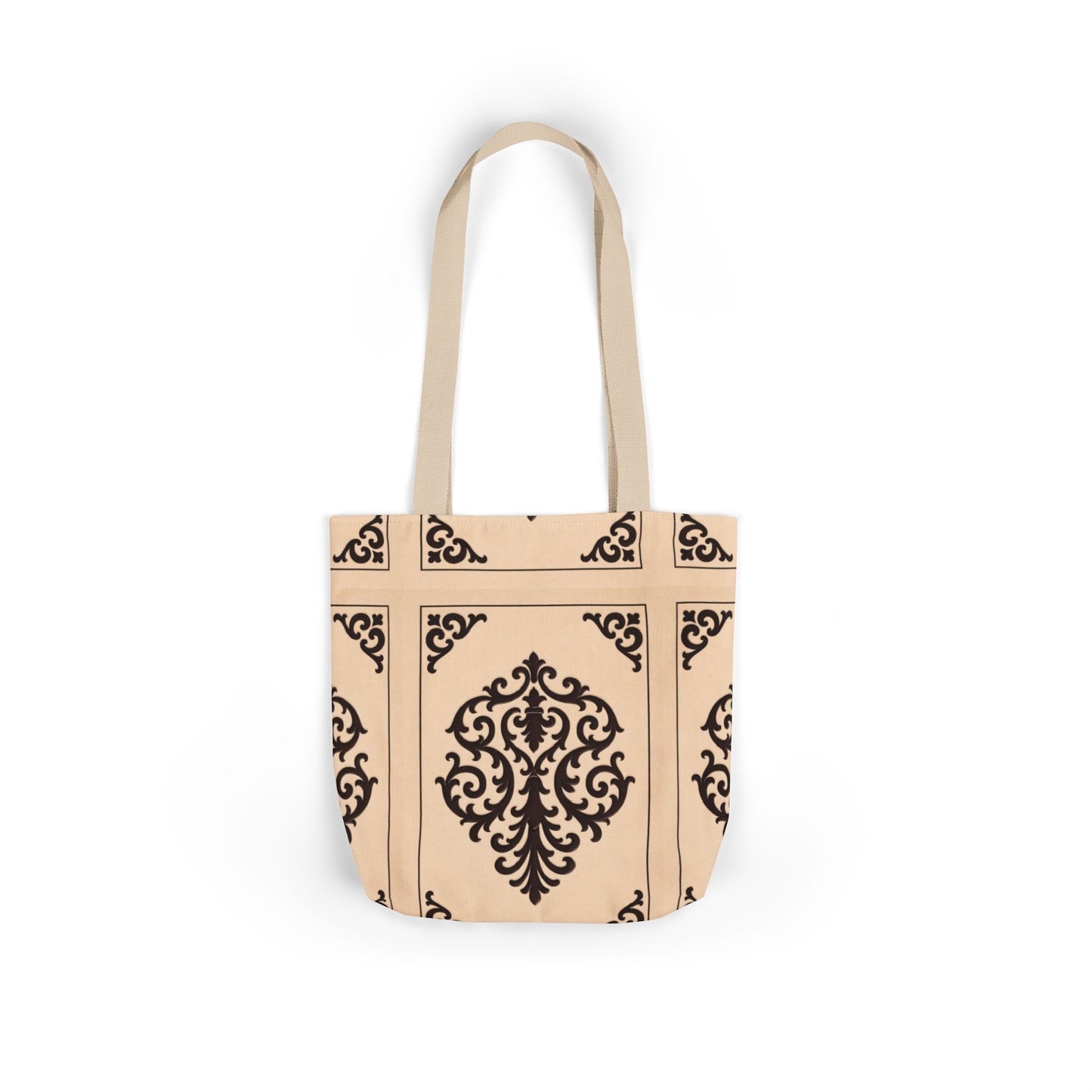 Almond-Beige & Brown Baroque Canvas Tote Bag — Elegant Vintage Pattern Beach & Market Bag