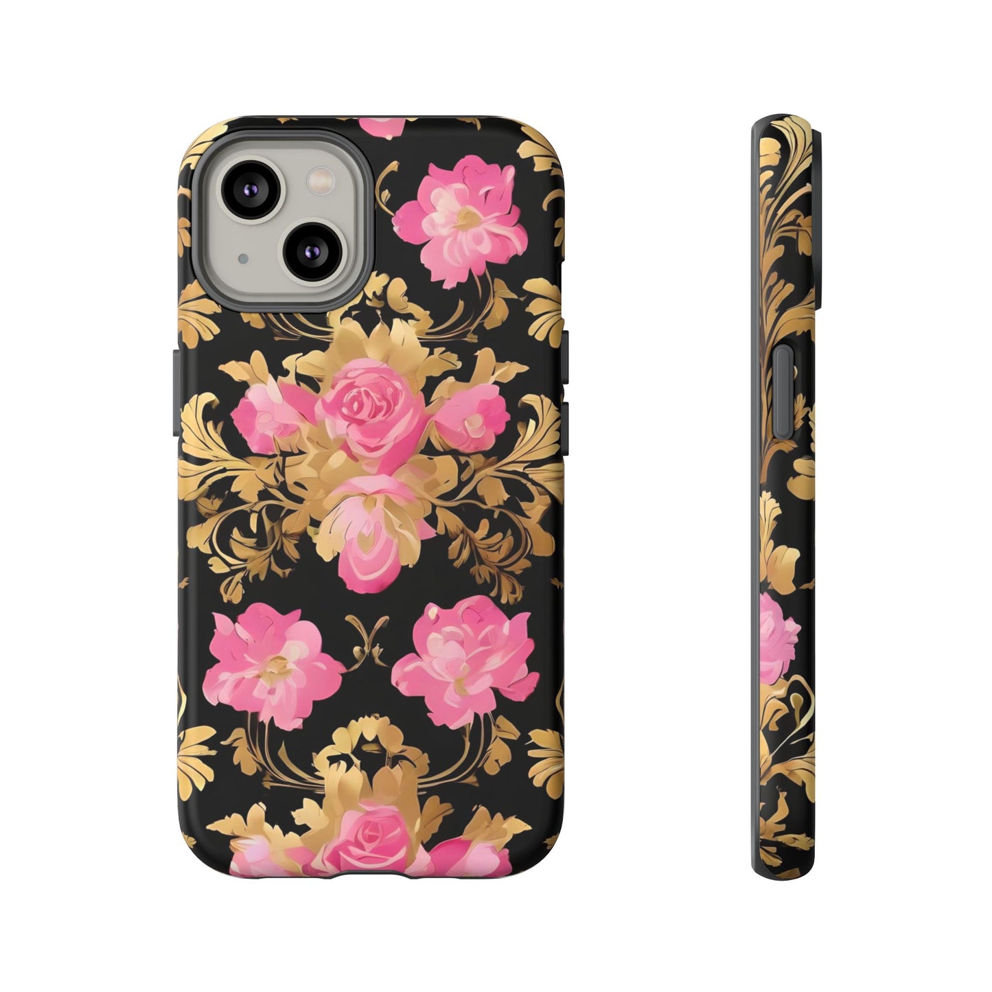 Elegant Floral Motif Phone Case - Tough Cases with Vintage Design - Pink & Gold Roses