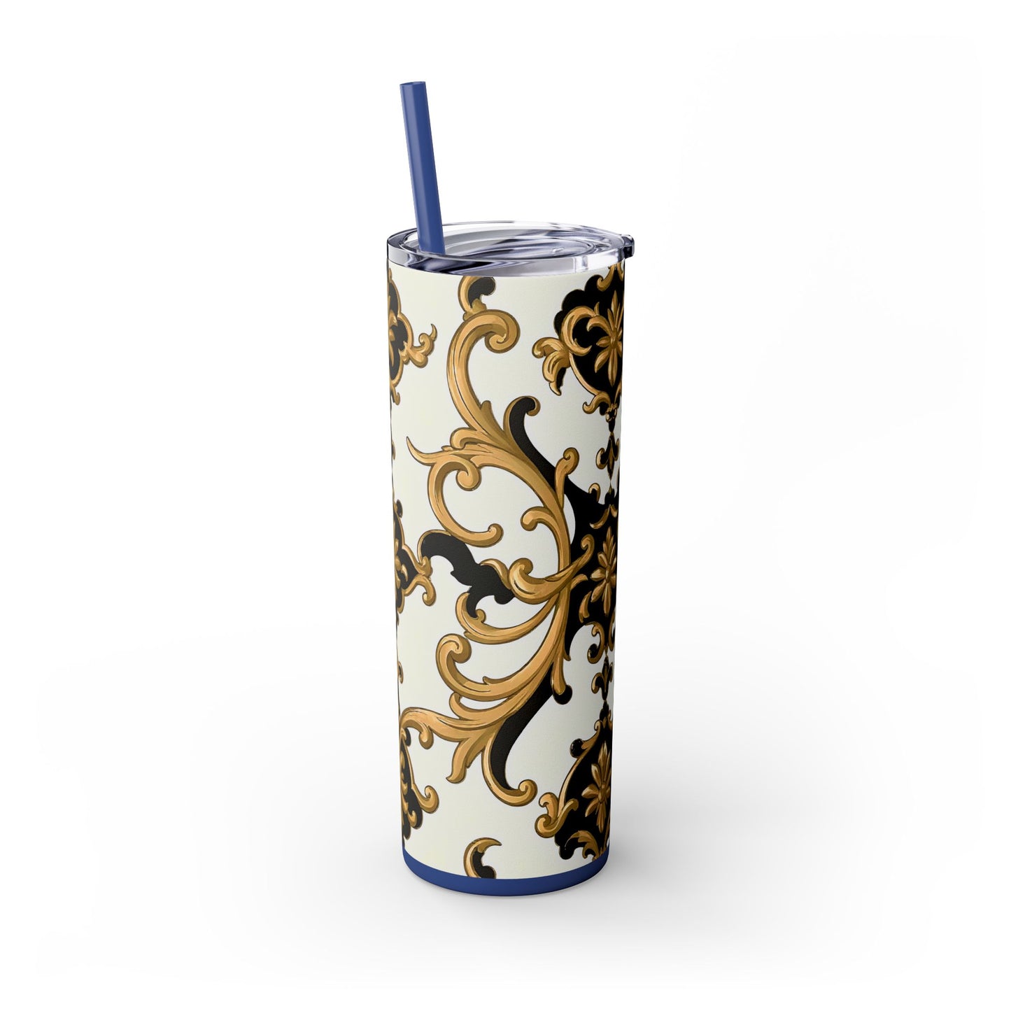 Elegant Gold Floral Skinny Tumbler, 20oz | Insulated Cup for Hot & Cold Drinks, Travel Mug, Gift for Mom, Stylish Drinkware - Black & Gold Rococo
