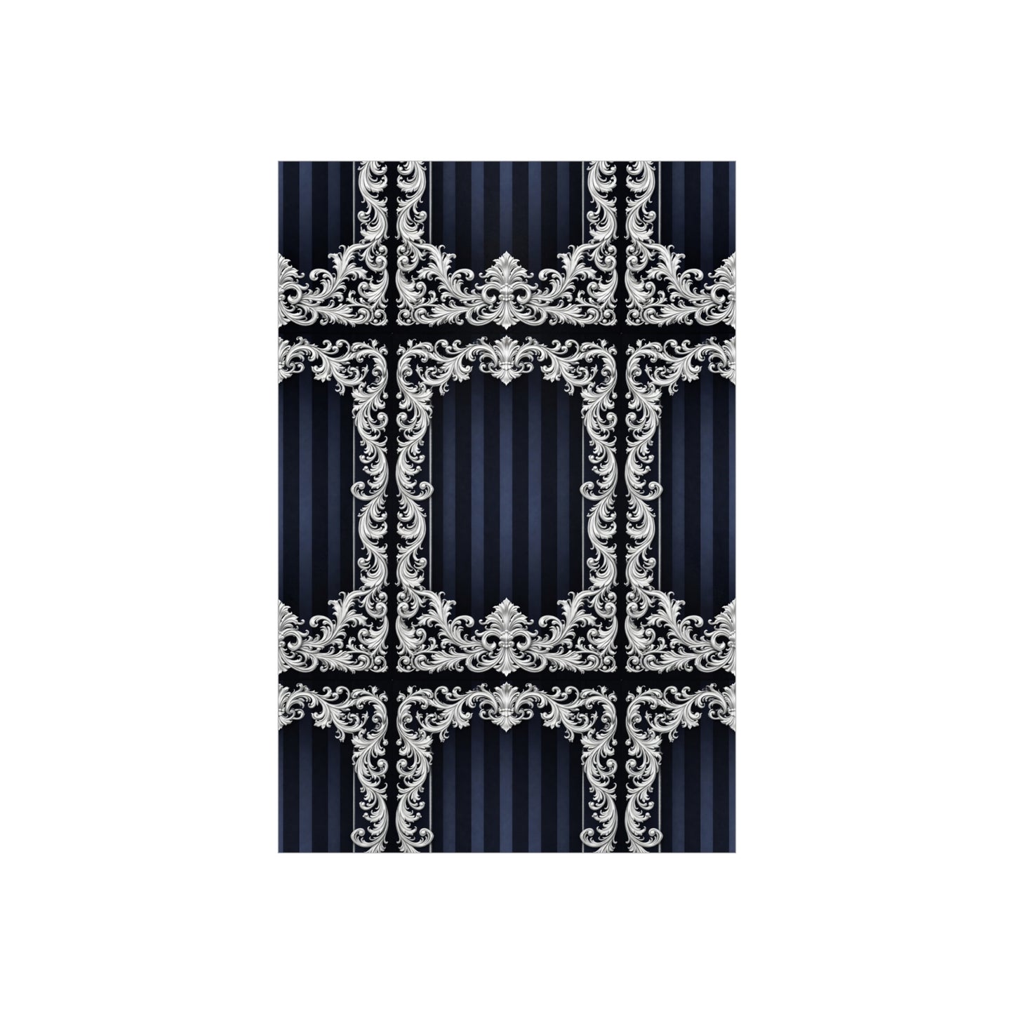 Navy Stripes & Baroque Foam Board Backdrop — Ornate Silver Scroll Panel