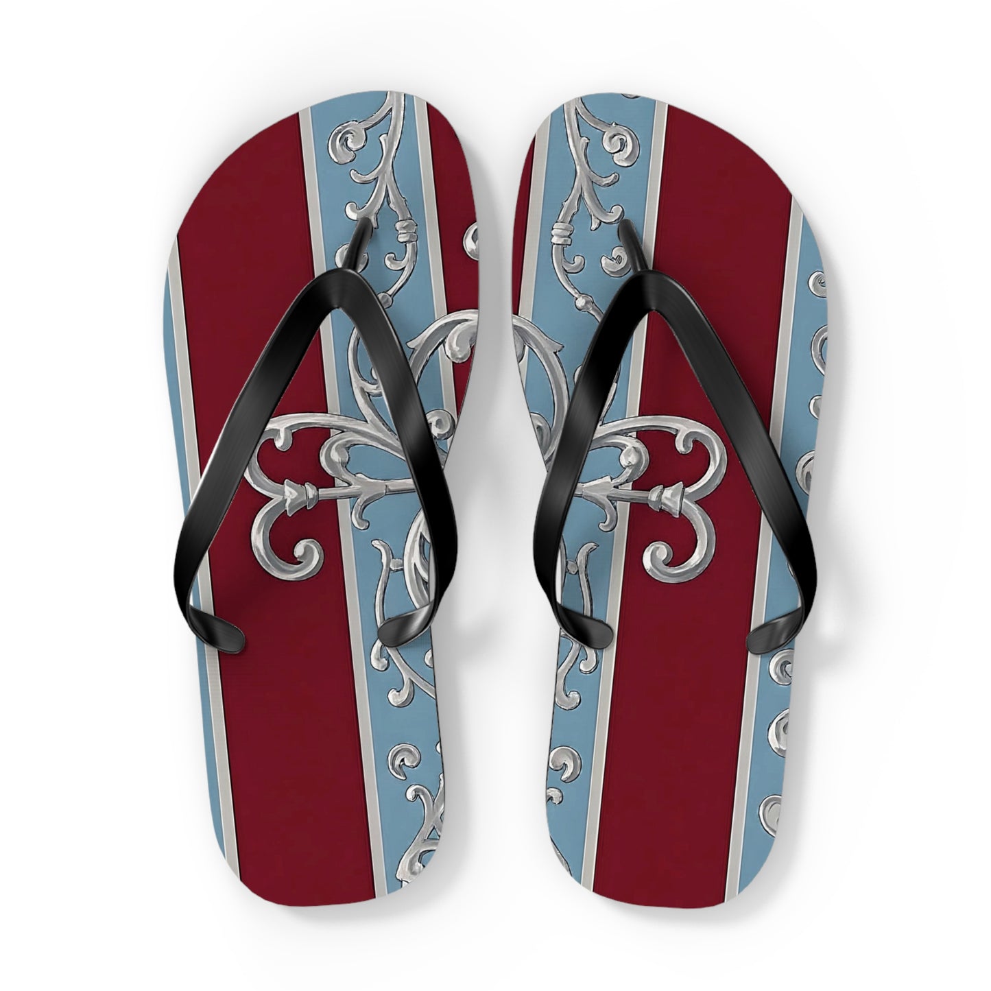 Elegant Vintage Flip Flops - Stylish Summer Footwear with Classic Design - Ice Blue & Burgundy Striped Baroque
