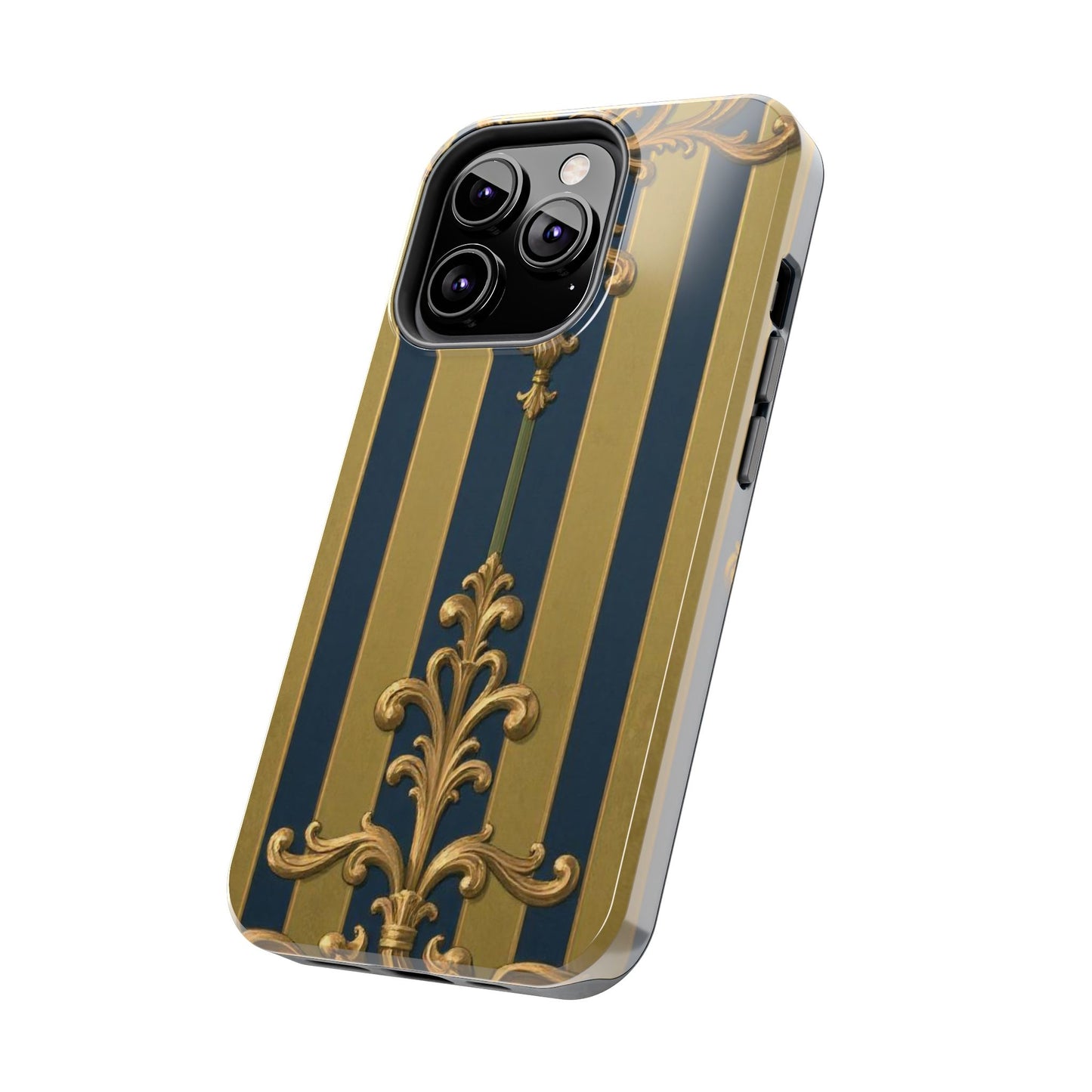 Elegant Midnight Blue & Olive Striped Gold Baroque Tough Phone Case, Phone Cover, Durable Case for Protection, Stylish Gift for Him/Her