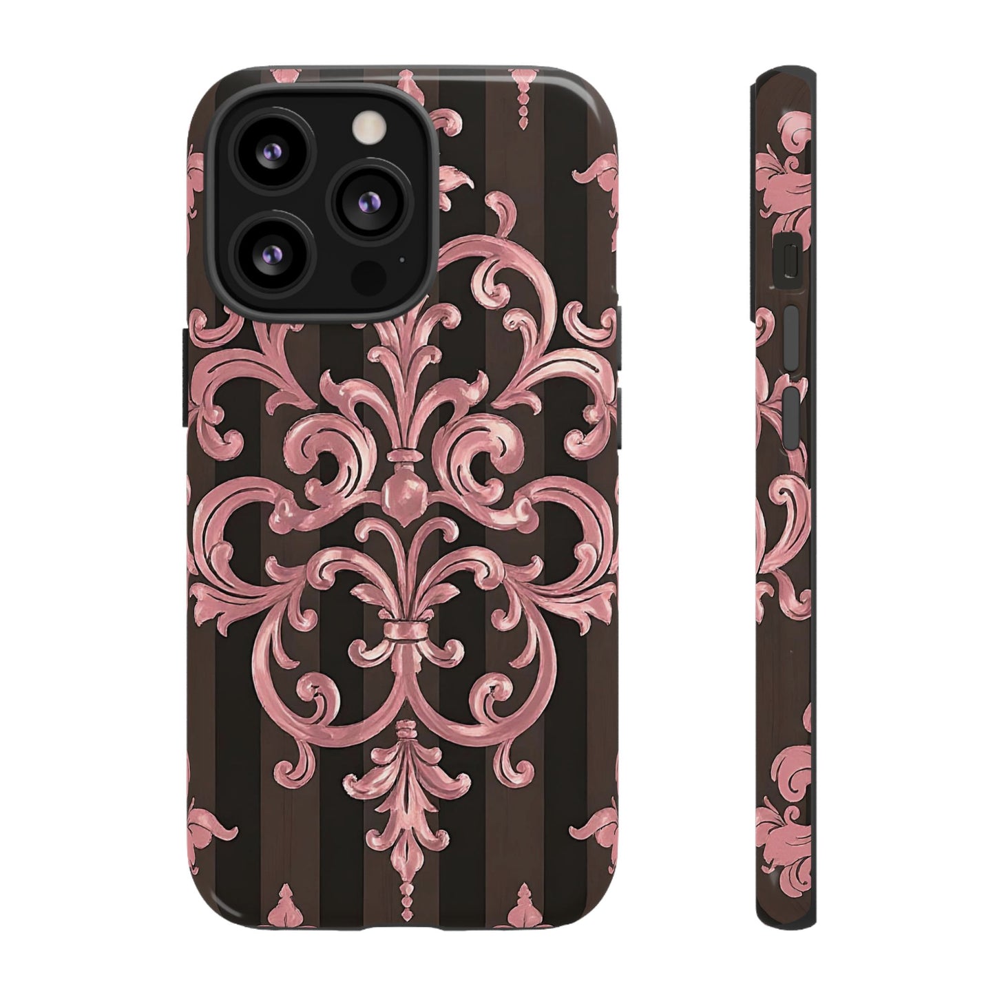 Elegant Floral Motif Phone Case - Tough Cases with Vintage Design - Brown Striped Mauve Damask