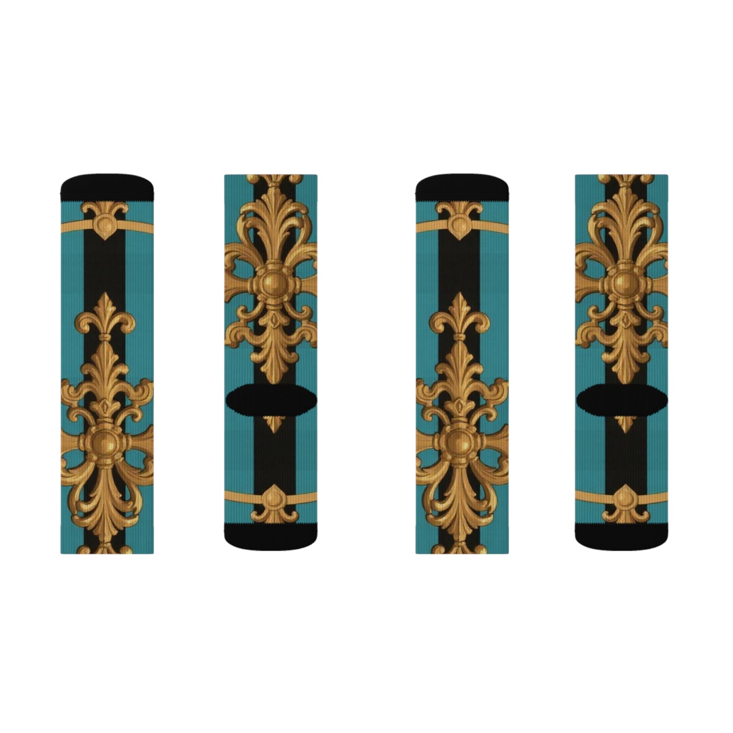 Elegant Turquoise & Black Striped Gold Baroque Patterned Unisex Sublimation Socks, Fashionable Socks, Unique Gift for Her & Him