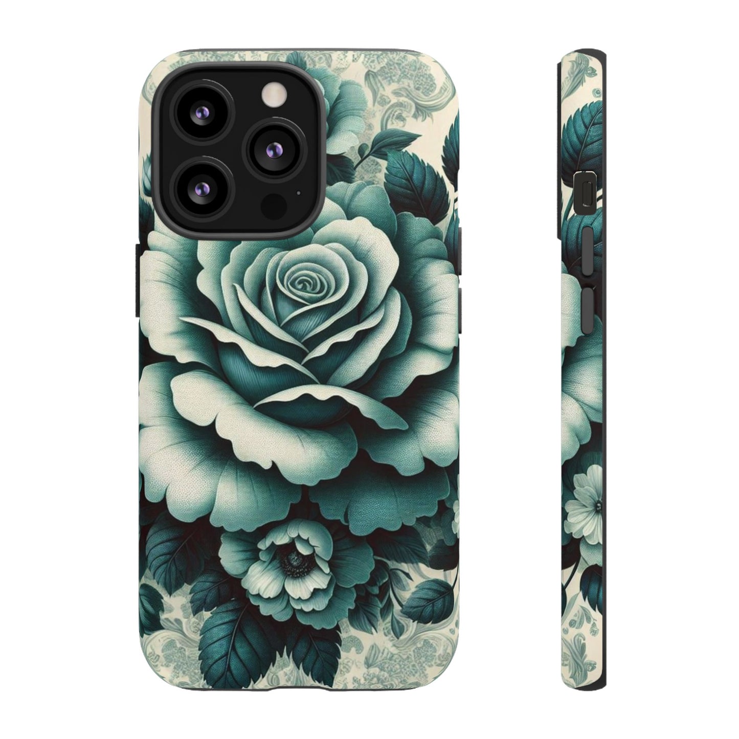 Elegant Floral Motif Phone Case - Tough Cases with Vintage Design - Teal Roses & Damask