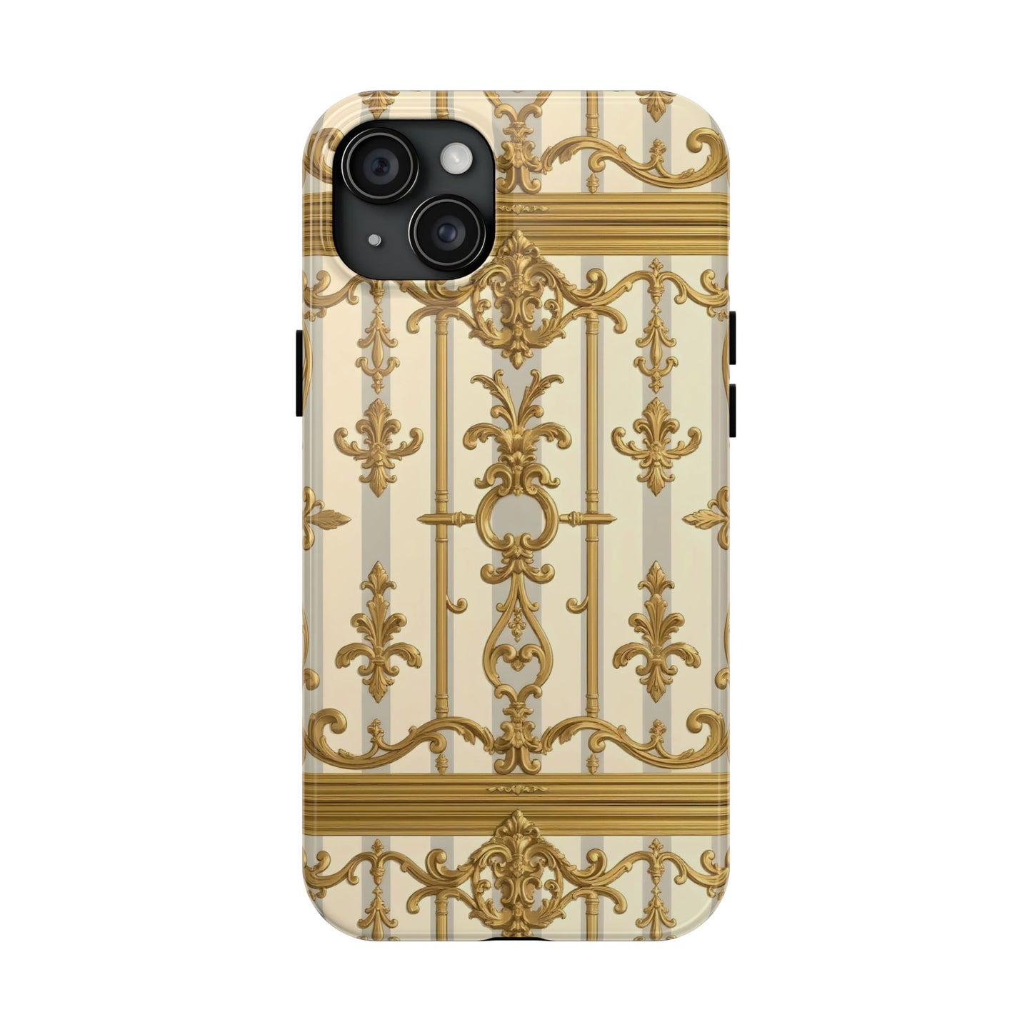 Elegant Gold Pattern Tough Phone Cases | Stylish Phone Covers, Trendy Cell Phone Accessories - Matte Gray & Cream Striped Gold Baroque