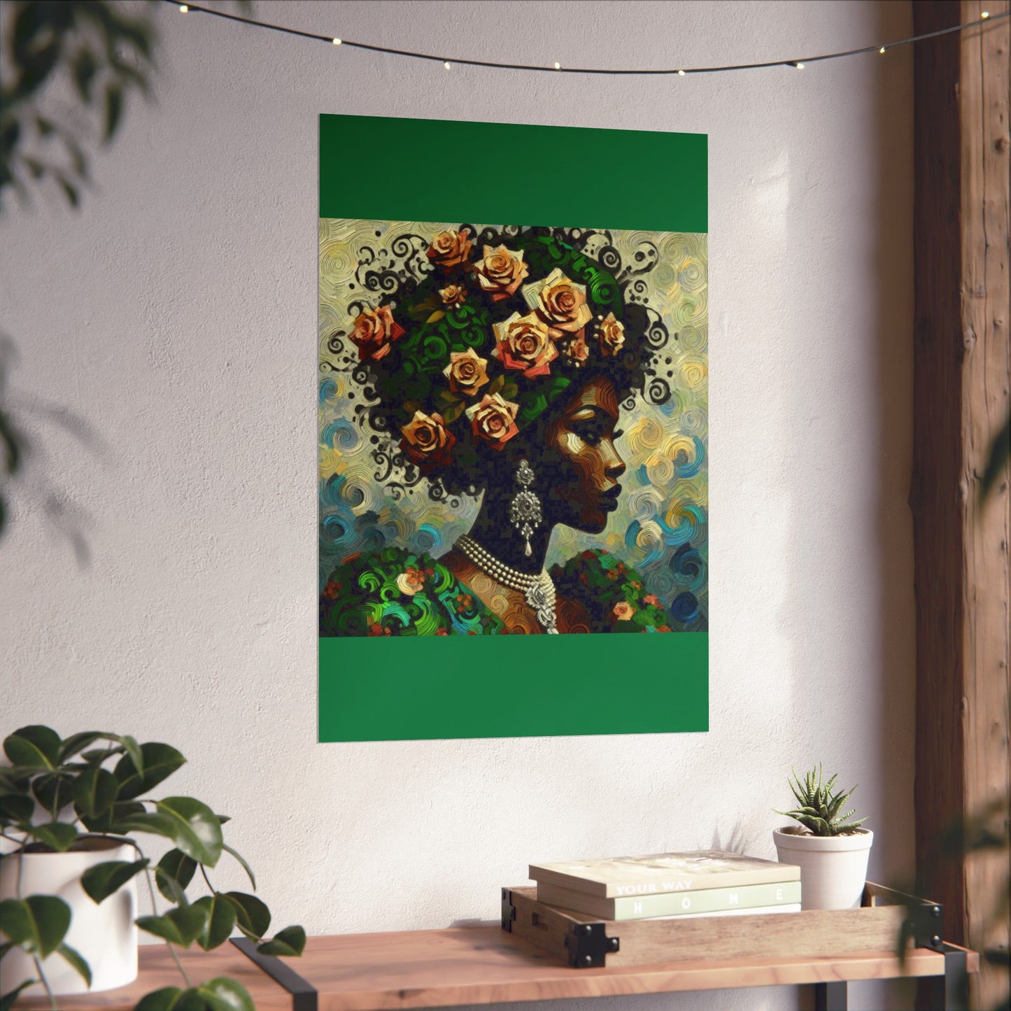 Floral Afro Art Poster - Elegant Matte Vertical Wall Decor - Lady In Green & Damask