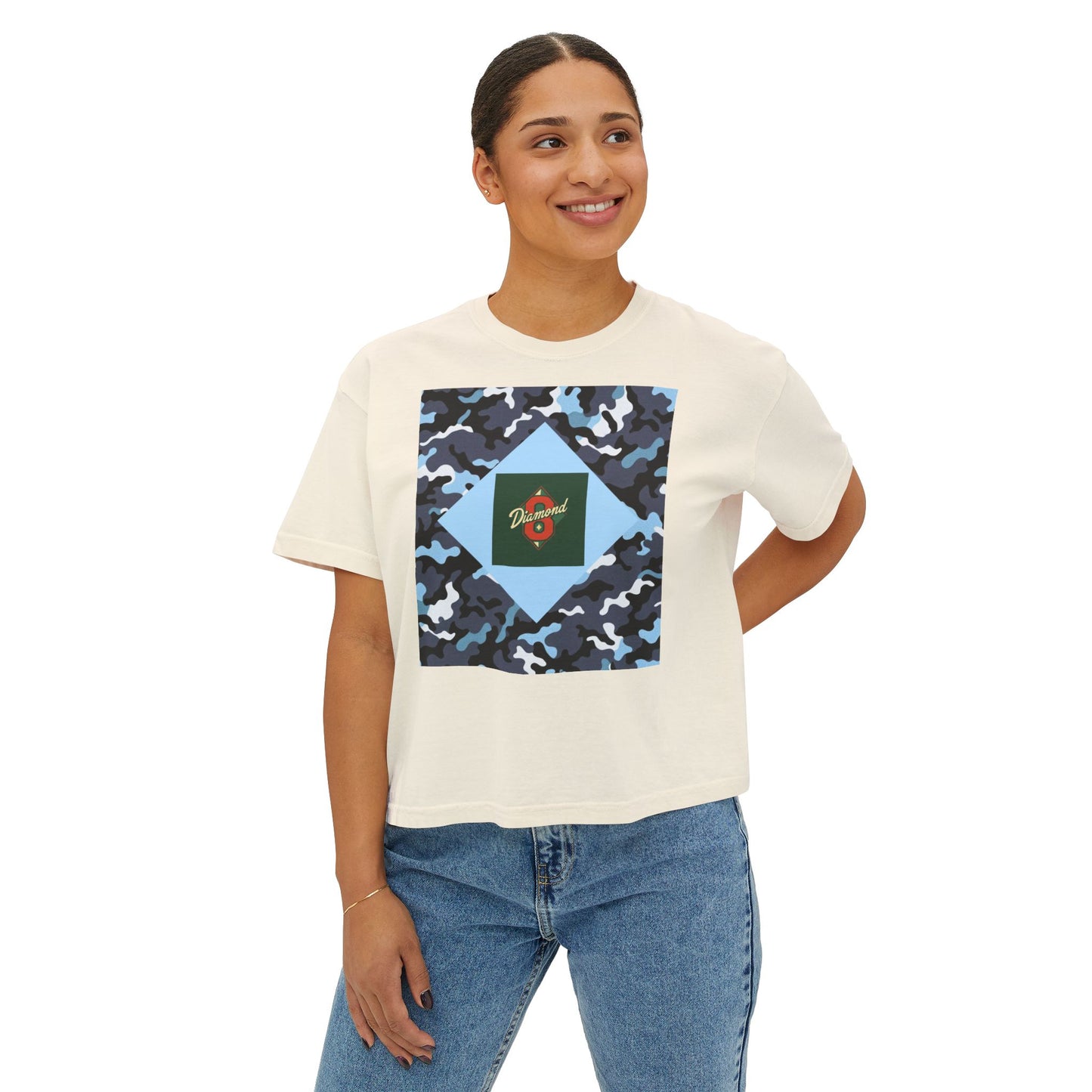 Camouflage Women's Boxy Tee, Casual Outfit, Relaxed Style Tee, Everyday Wear, Gift for Her, Comfortable Top - Blue Camo Diamond 8