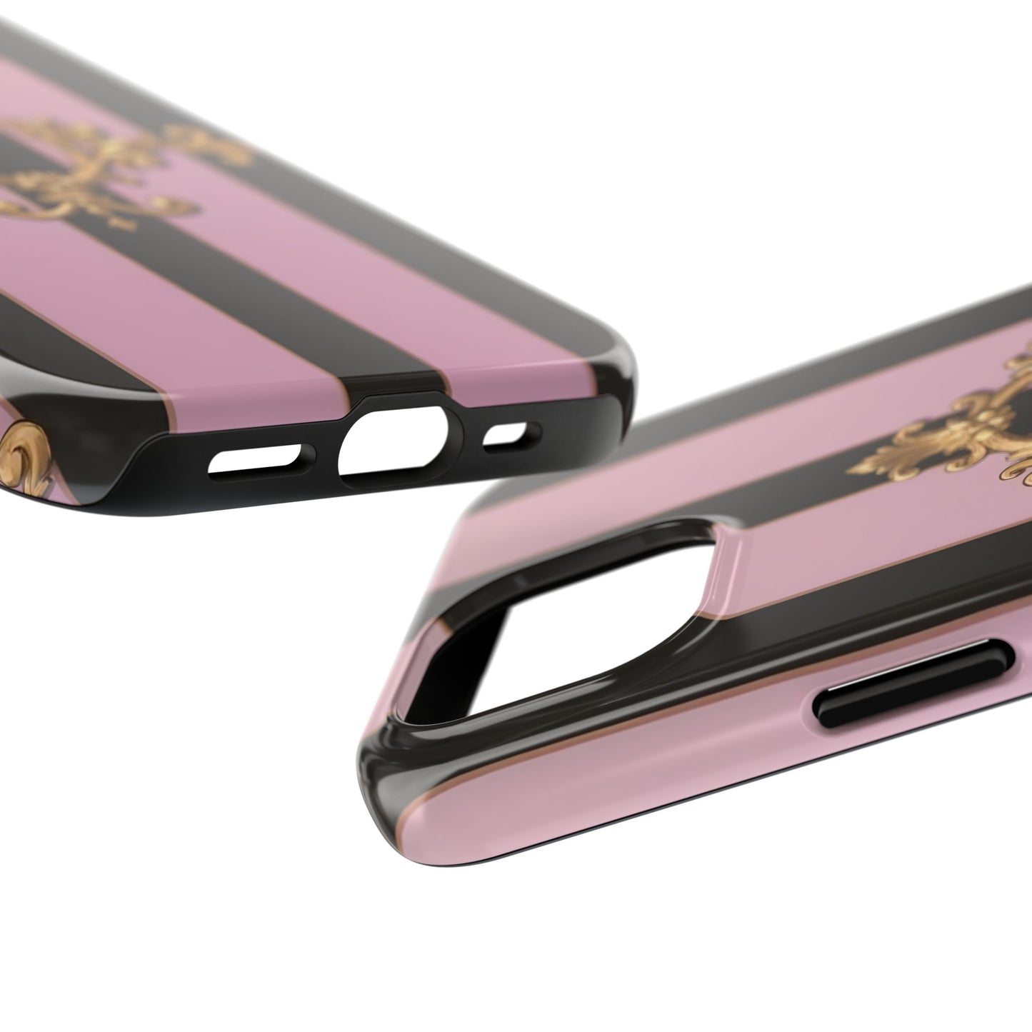 Stylish Tough Phone Case for Elegant Protection, Fashionable Accessories, Smartphone Cover - Matte Lavender & Black Striped Gold Baroque