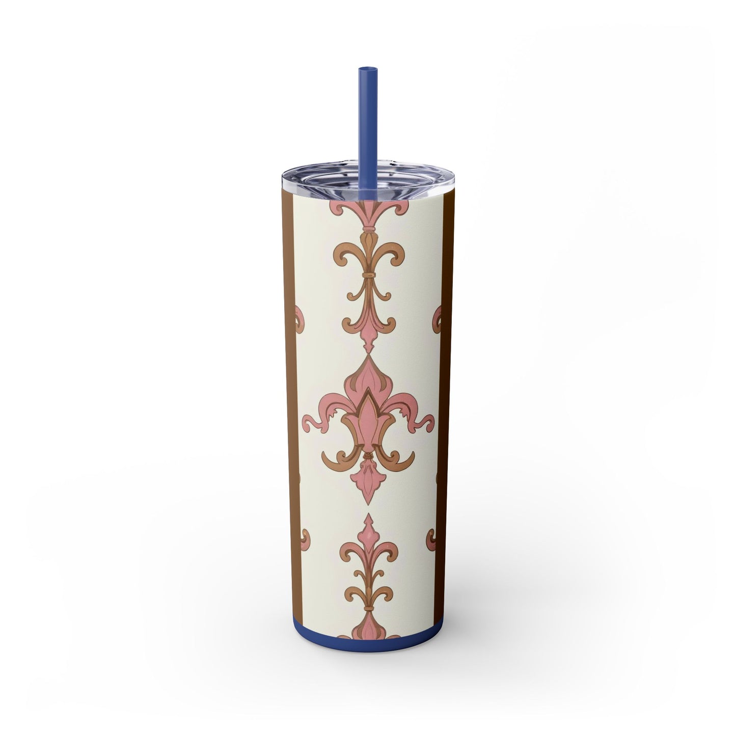 Elegant Floral Skinny Tumbler, 20oz Drinkware, Stylish Travel Mug, Wedding Gift, Personalized Gift, Eco-Friendly Cup - Brown Striped Pink Arabesque