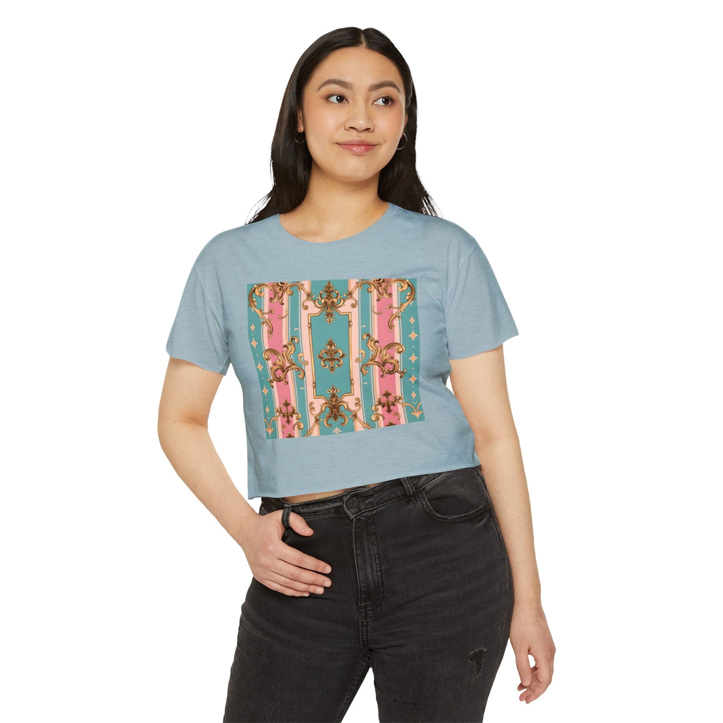 Rococo Festival Crop Top, Summer Crop Tee, Music Festival Clothing, Trendy Women's Fashion - Pink & Matte Turquoise Striped Rococo