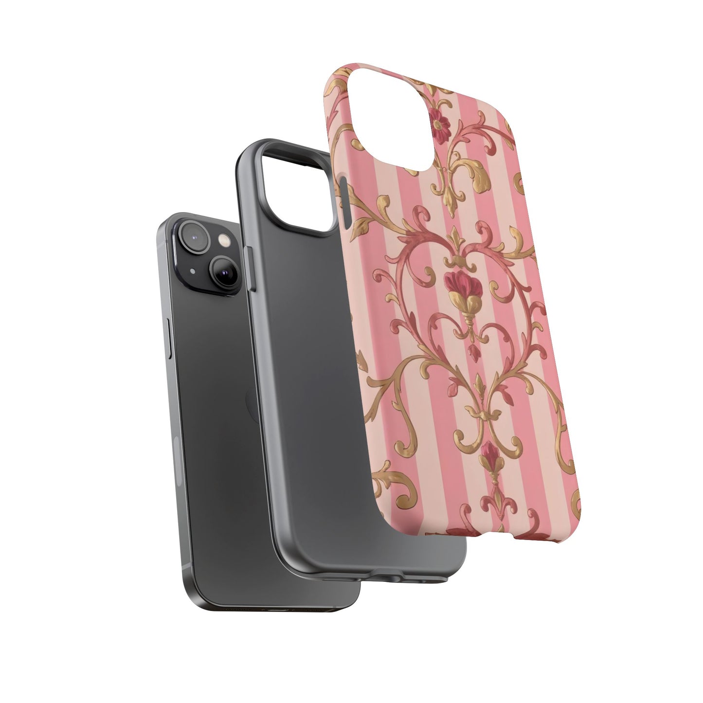 Elegant Floral Motif Phone Case - Tough Cases with Vintage Design - Pink Striped Rose Gold Damask