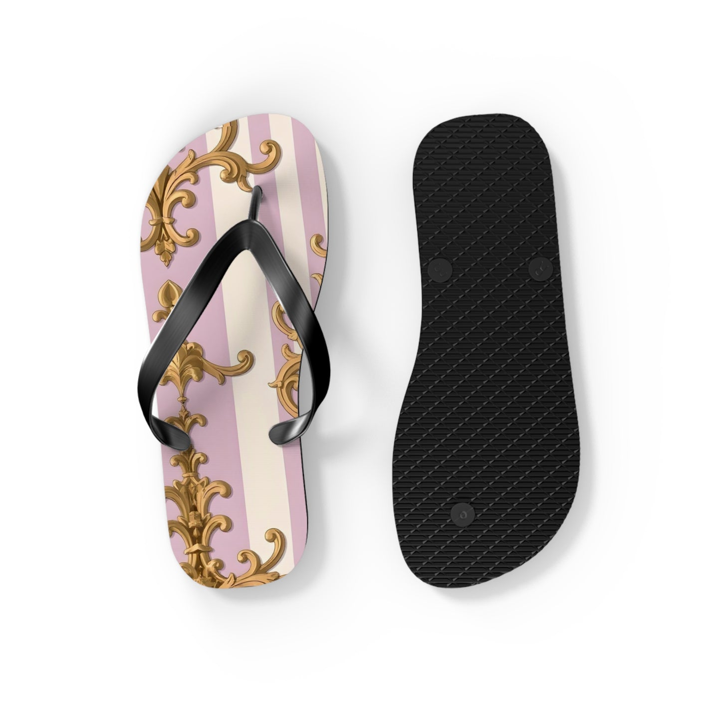Chic Patterned Flip Flops for Stylish Summer Vibes, Beach Footwear, Vacation Sandals - Lilac & Alabaster Striped Gold Baroque