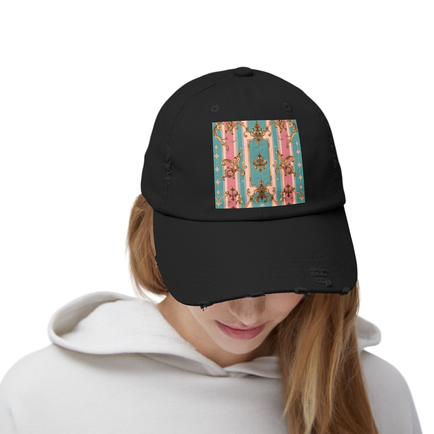 Stylish Unisex Distressed Cap with Floral Pattern, Casual Hat, Trendy Headwear, Summer Accessory - Pink & Matte Turquoise Striped Rococo