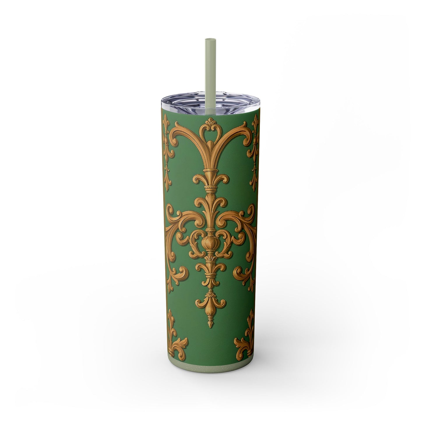Elegant Green Pattern Skinny Tumbler with Straw, Stylish Drinkware, Gift for Her, Travel Mug, Home Decor, Floral Design - Olive Green Striped Rococo