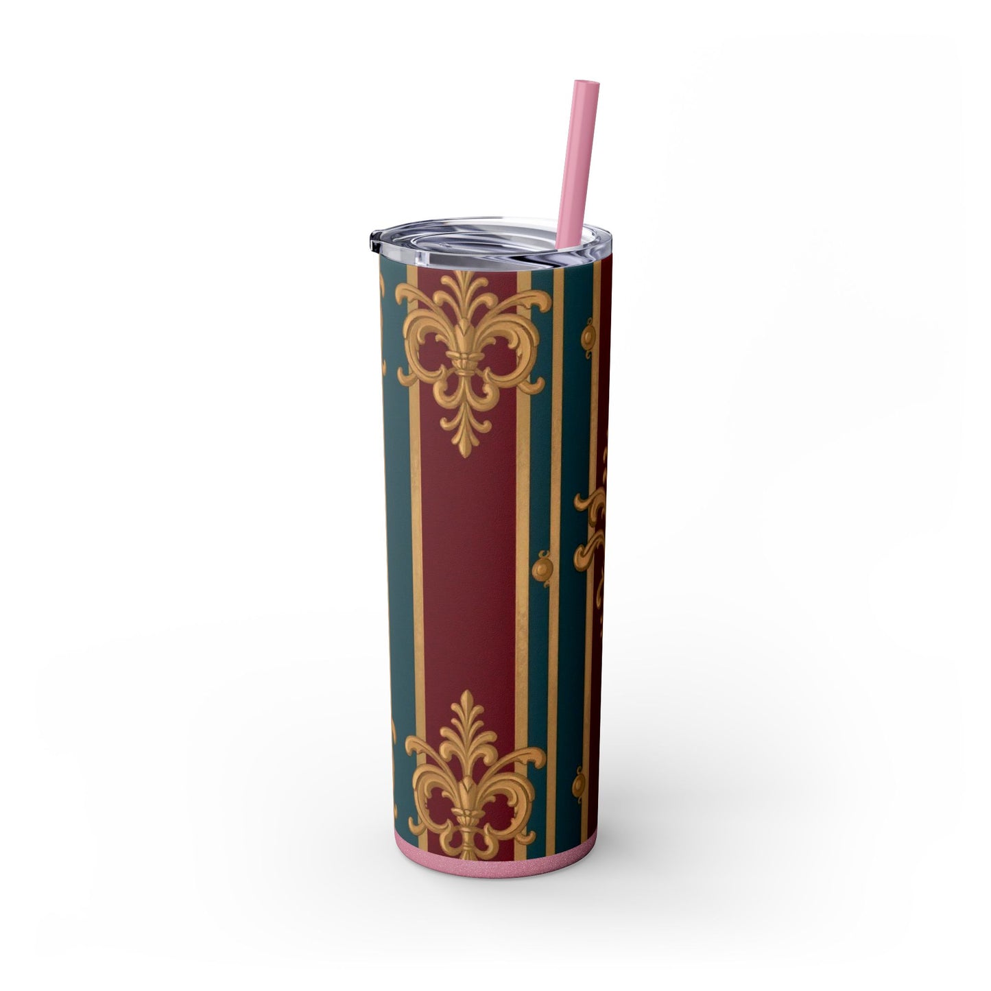 Elegant Vintage Skinny Tumbler with Straw, 20oz | Gold & Burgundy Design | Travel Mug, Gift for Her - Burgundy Striped Gold Baroque