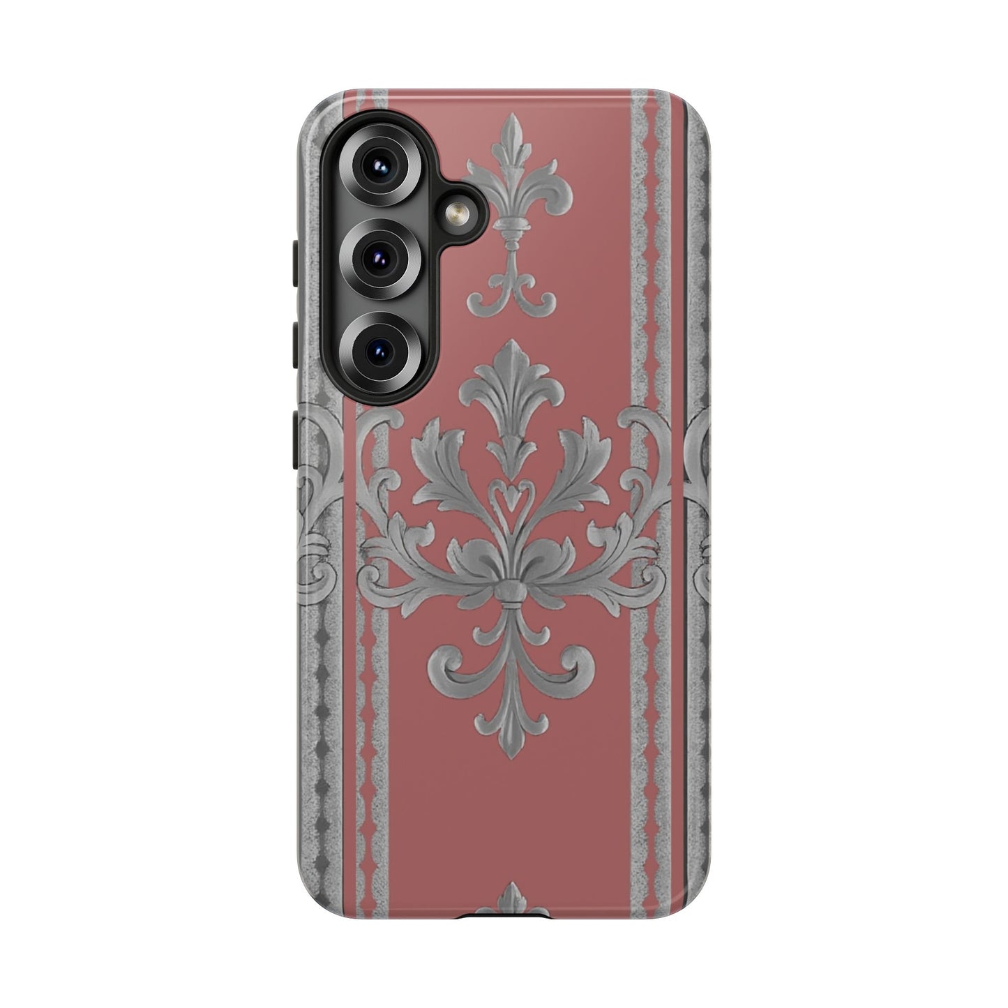 Elegant Floral Phone Case - Tough Cases for Stylish Protection - Gray & Mauve Striped Baroque