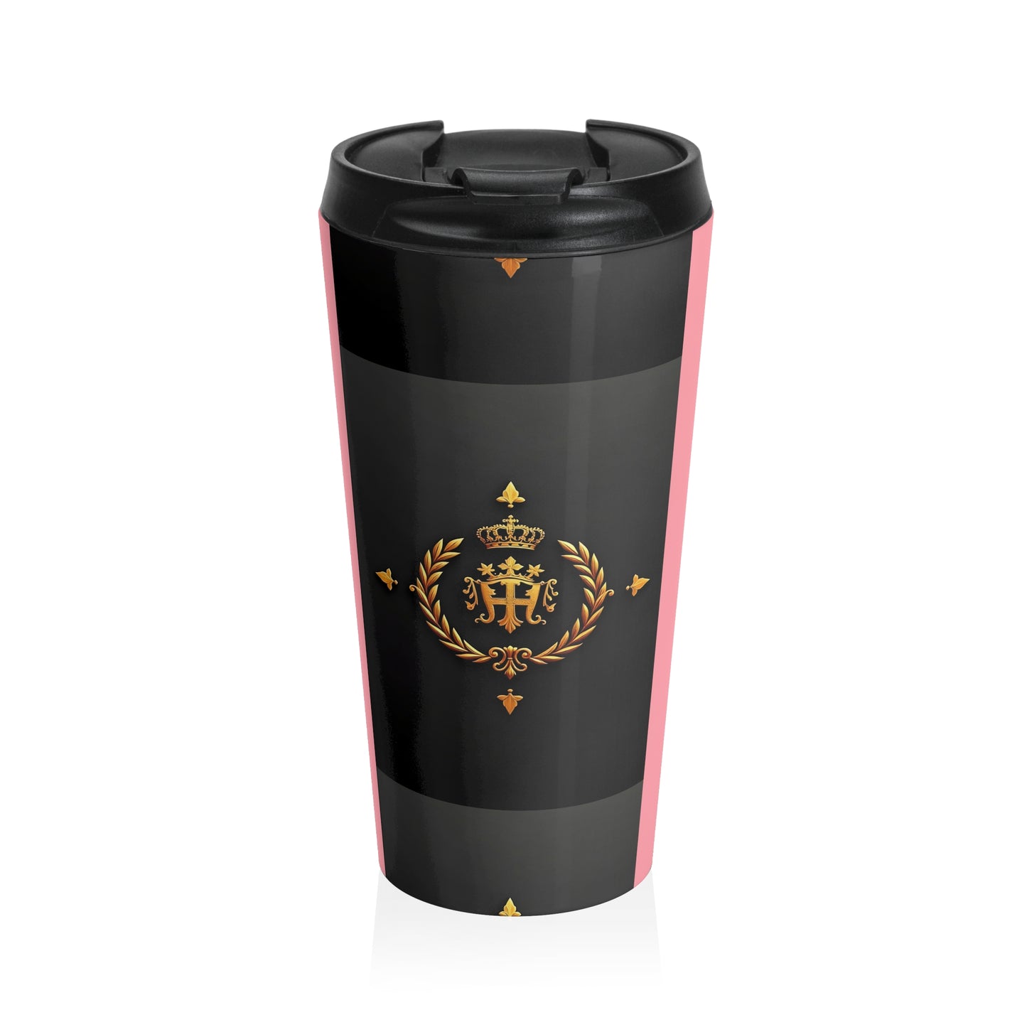 Royal Emblem Stainless Steel Travel Mug | Elegant Coffee Cup for Commuters, Durable Travel Accessory, Perfect Gift for Her - Pink Striped Gold Crest