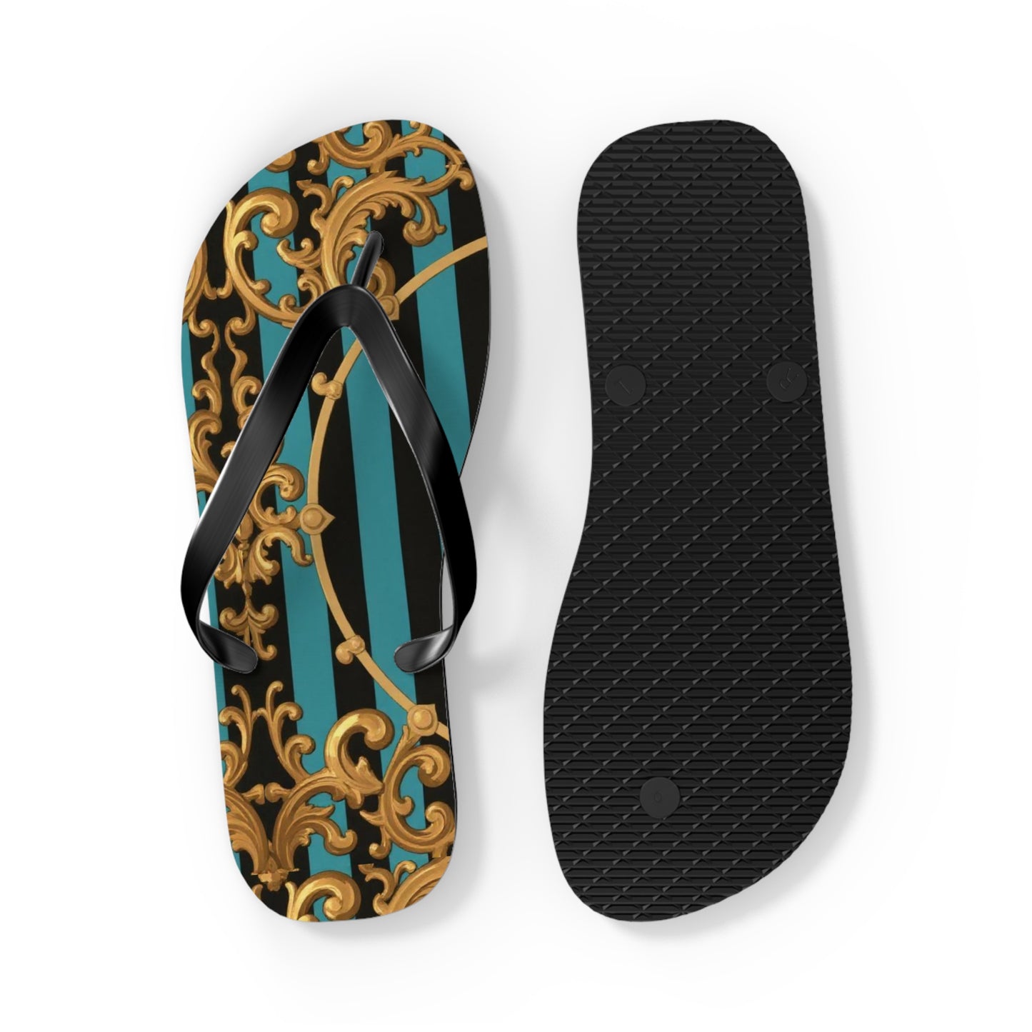 Elegant Turquoise & Black Striped Gold Baroque Patterned Flip Flops for Beach, Summer Vibes, Vacation Essentials, Stylish Footwear