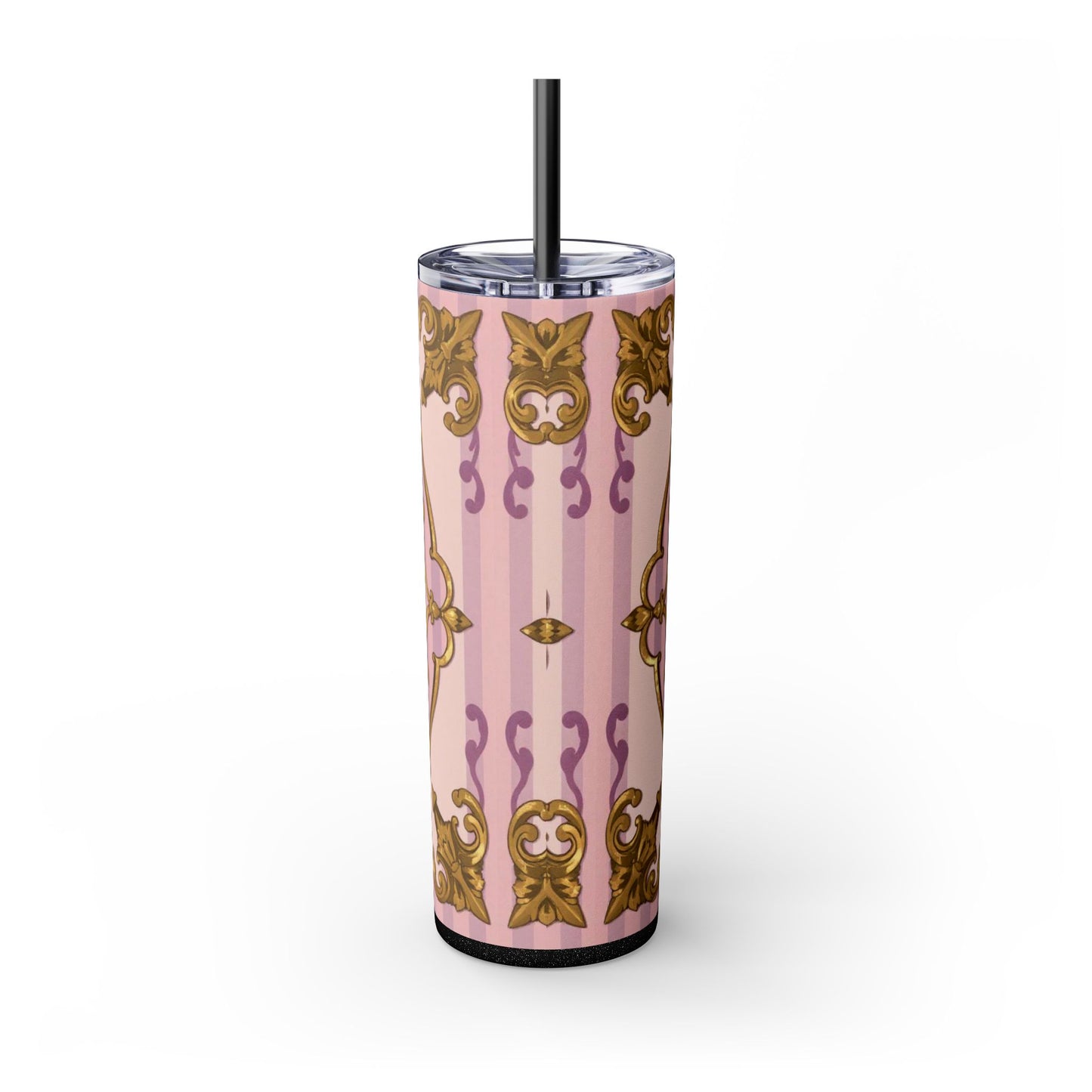 Elegant Lavender & Alabaster Striped Gold Baroque Tumbler - Insulated 20oz Skinny Cup with Straw, Ideal for Gifts, Parties, and Daily Use