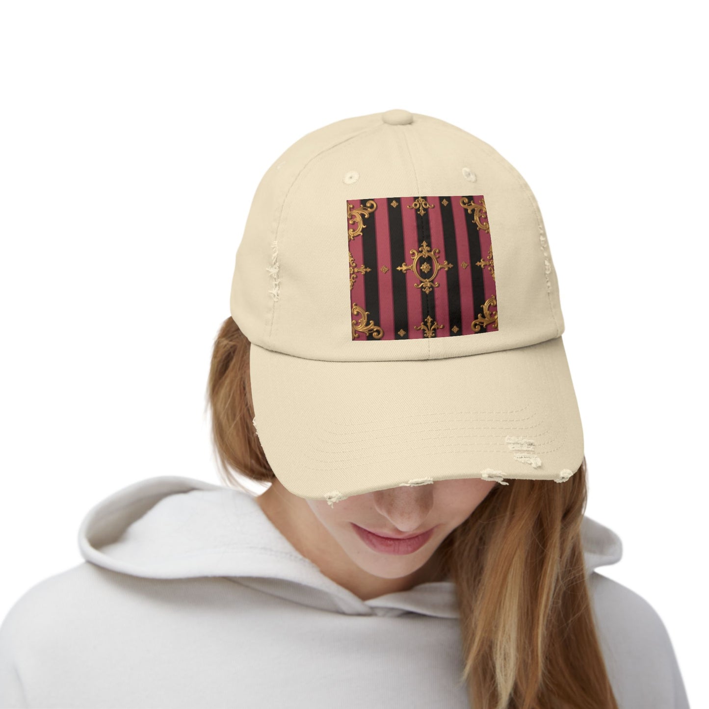 Chic Black & Mauve Striped Gold Baroque Distressed Cap, Trendy Hat, Vintage Style Cap, Gift for Him/Her, Casual Accessory