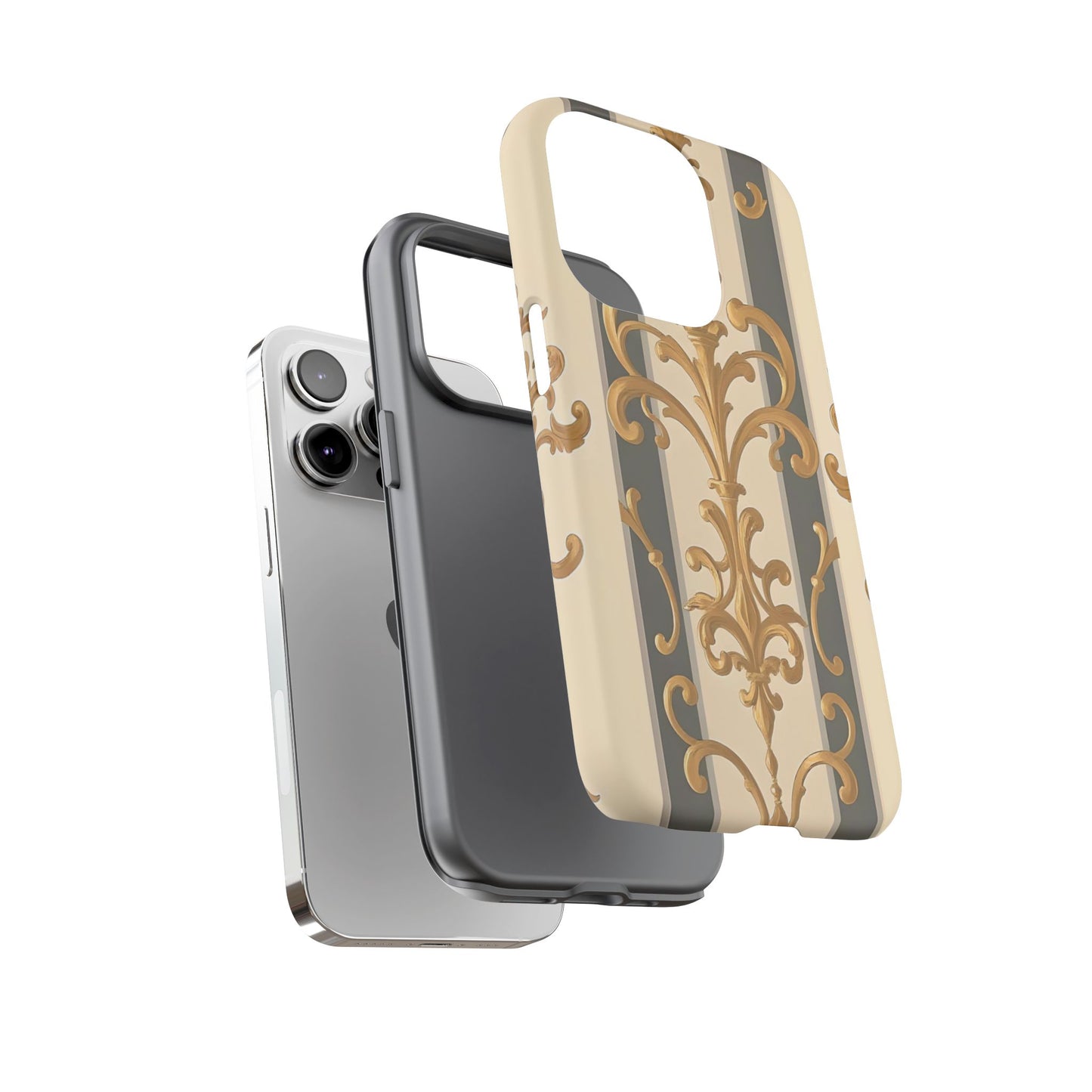Elegant Floral Motif Phone Case - Tough Cases with Vintage Design - Dusk Olive Striped Gold Damask