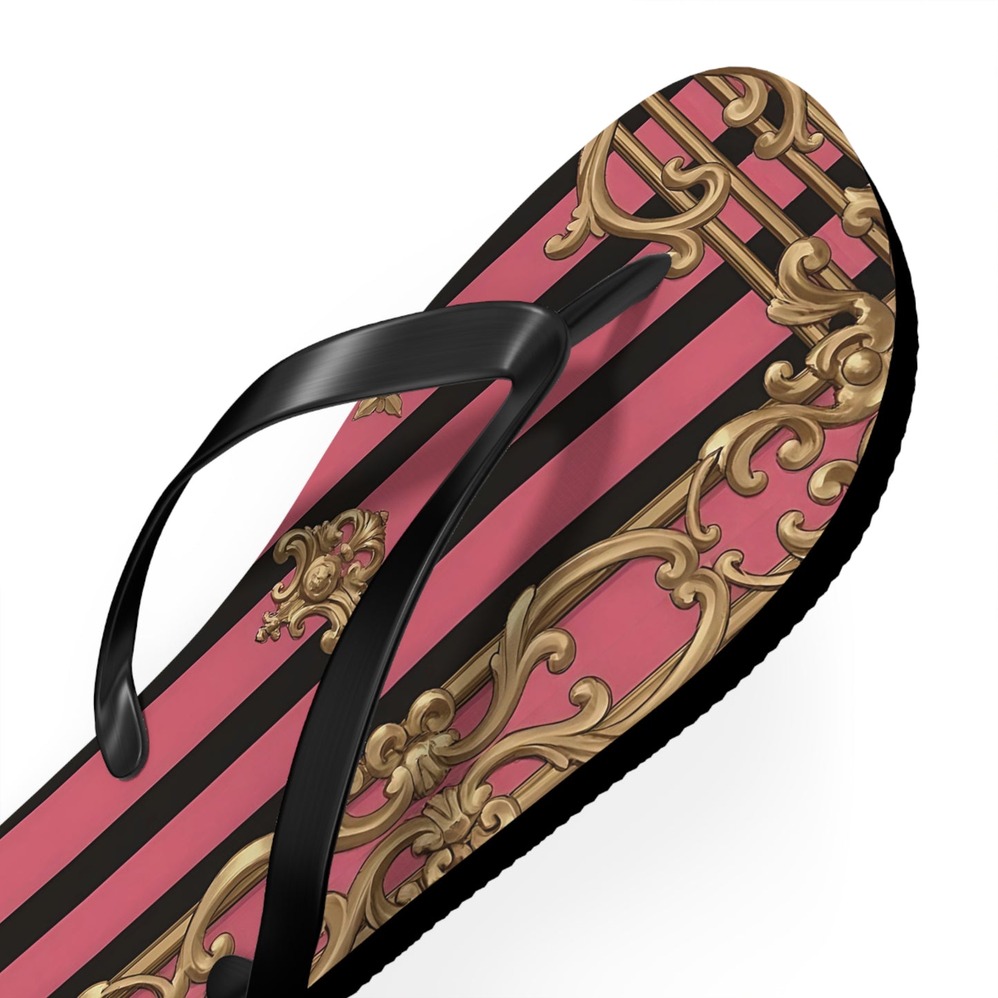 Chic Flip Flops, Stylish Summer Sandals, Beachwear, Poolside Accessories, Vacation Footwear, Trendy Casual Shoes - Pink Striped Gold Rococo