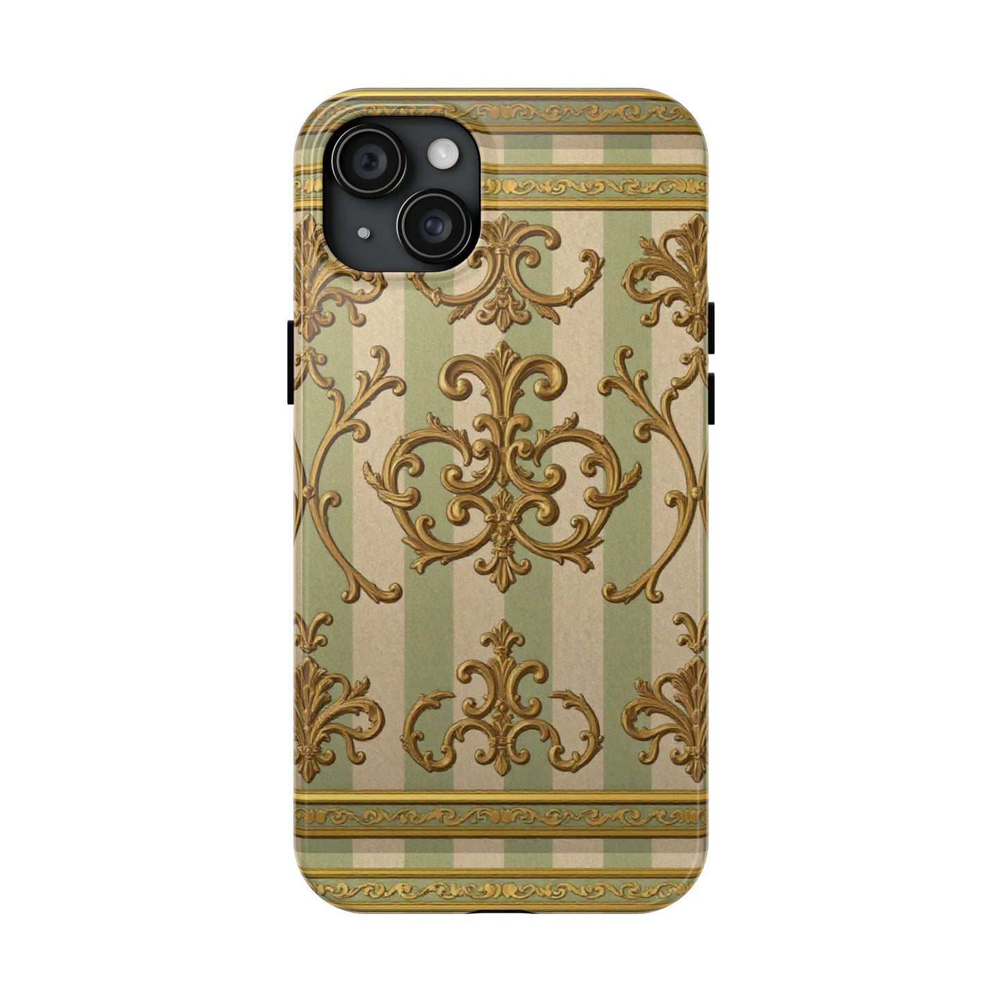 Vintage Elegance Phone Case, Tough Phone Cases for Style, Gift for Birthdays, Stylish Protection - Mint Green & Beige Striped Gold Baroque