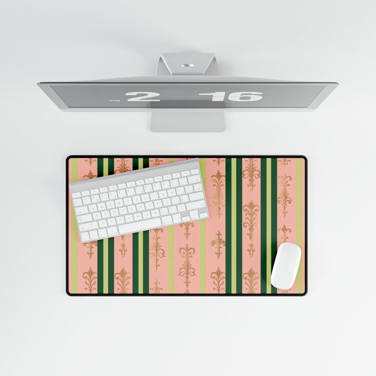 Elegant Floral Motif Desk Mat for Home Office Decor - Lime Green & Pink Striped Damask