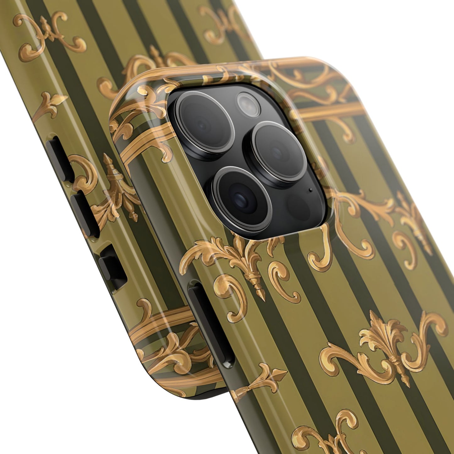 Elegant Vintage Phone Case - Tough Protection with Classy Design, Stylish Phone Cover for Fashion Lovers - Olive Green Striped Rococo
