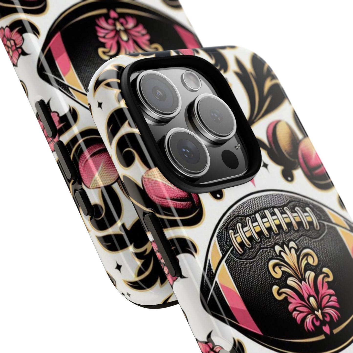 Elegant Floral Motif Phone Case - Tough Cases with Vintage Design - Damask White, Pink Gold & Black Football
