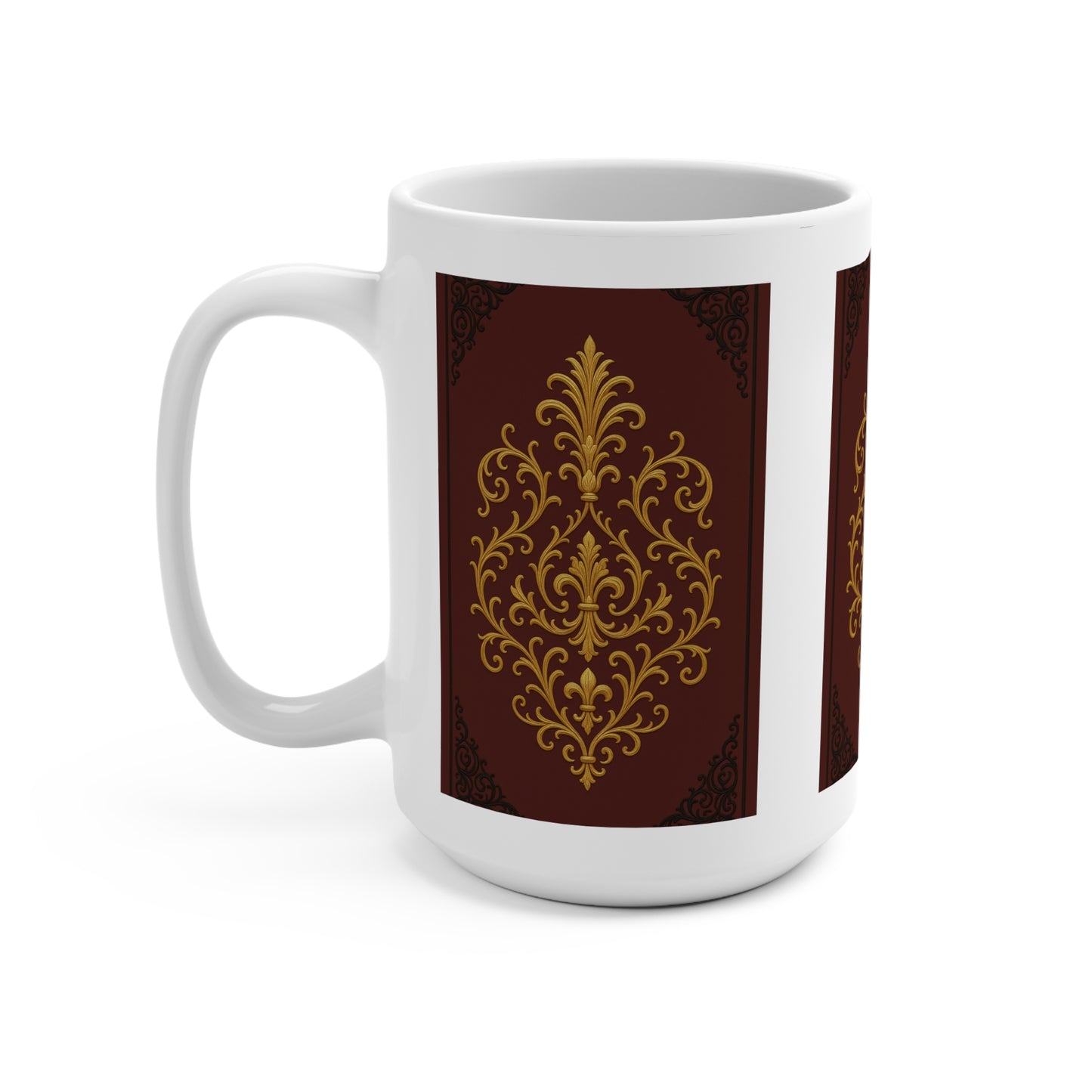 Dusk Burgundy-Black & Gold Baroque 15oz Mug — Vintage Victorian White Coffee Cup