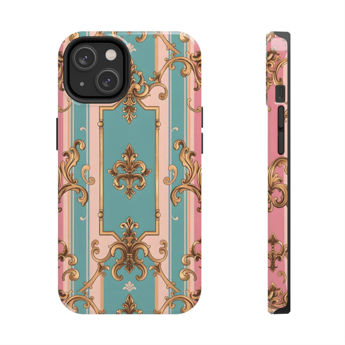 Elegant Floral Tough Phone Case, Artistic Phone Cover, Gift for Her, Chic Phone Accessory - Pink & Matte Turquoise Striped Rococo