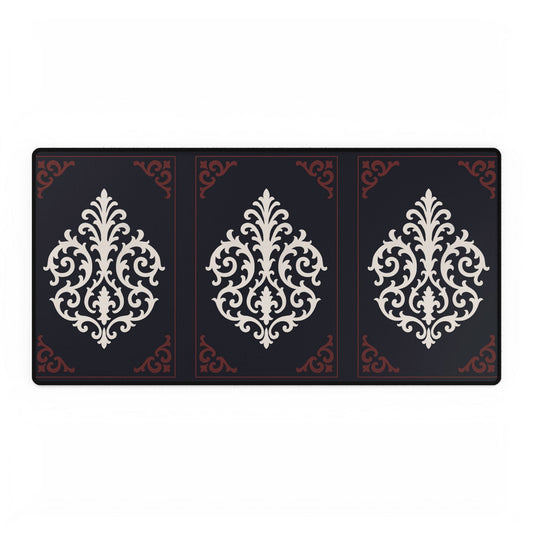 Dusk Blue-Maroon & White Baroque Desk Mat — Elegant Dusk Blue & White Mouse Pad