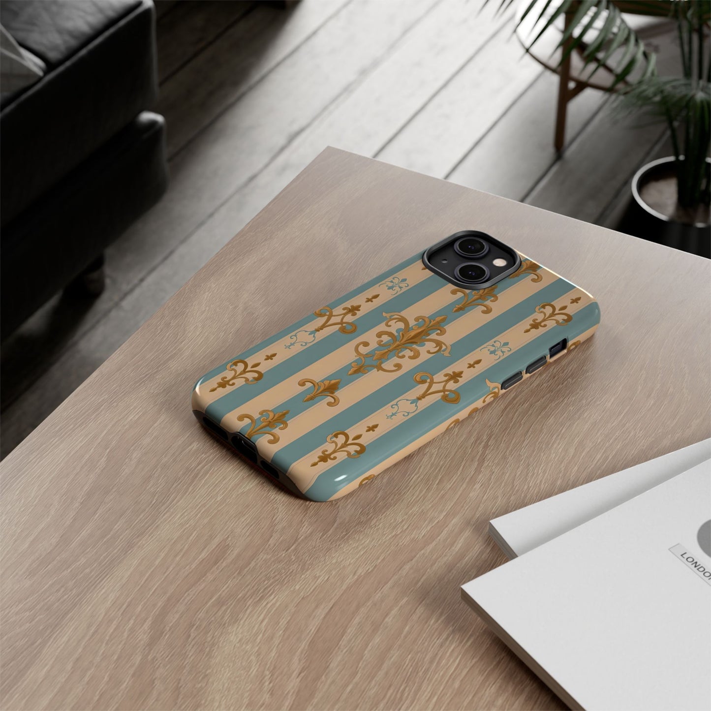 Elegant Floral Motif Phone Case - Tough Cases with Vintage Design -  Beige & Sky Blue Striped Gold Damask