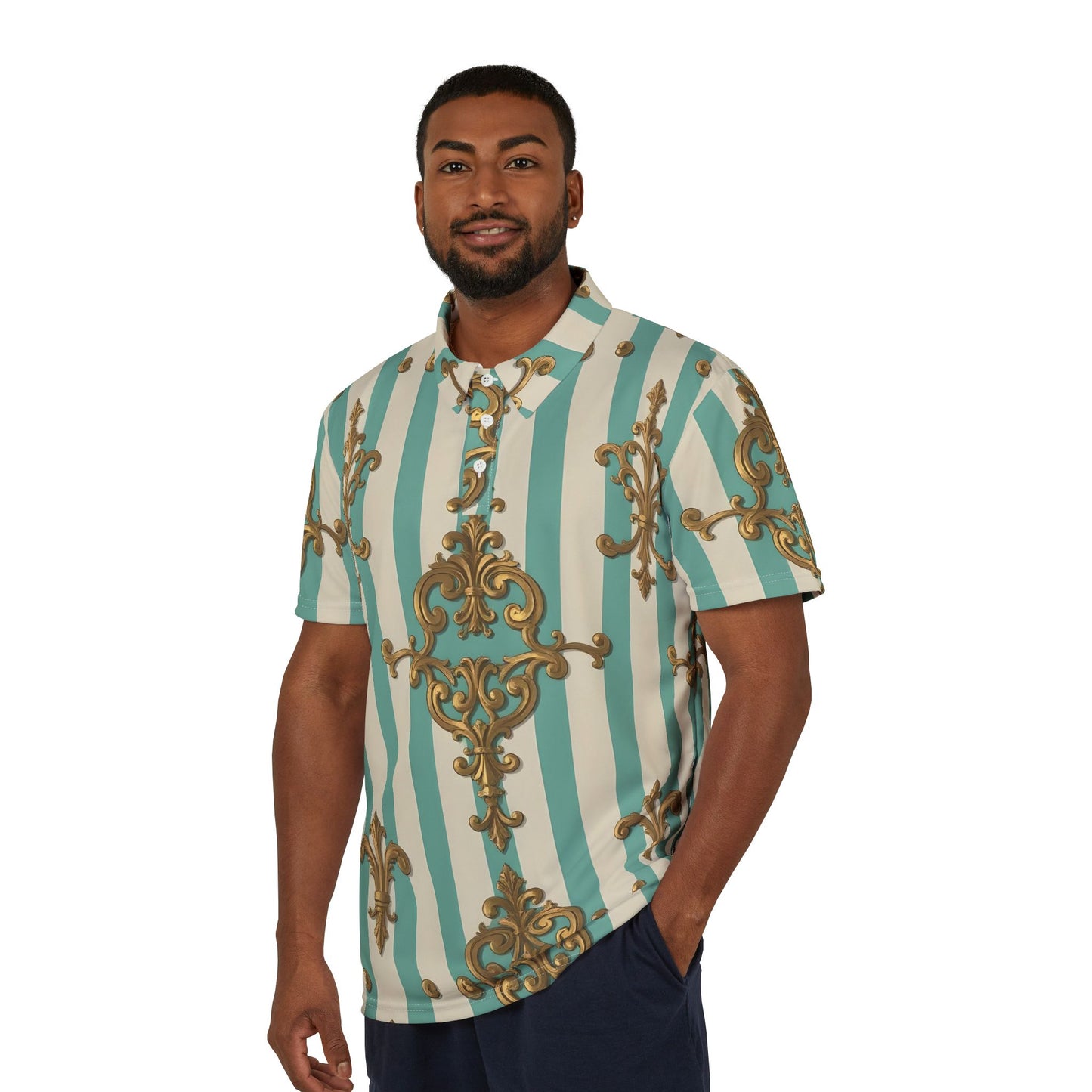 Stylish Unisex Polo Shirt with Elegant Baroque Design | Perfect for Summer Casual Wear - Matte Green Striped Rococo
