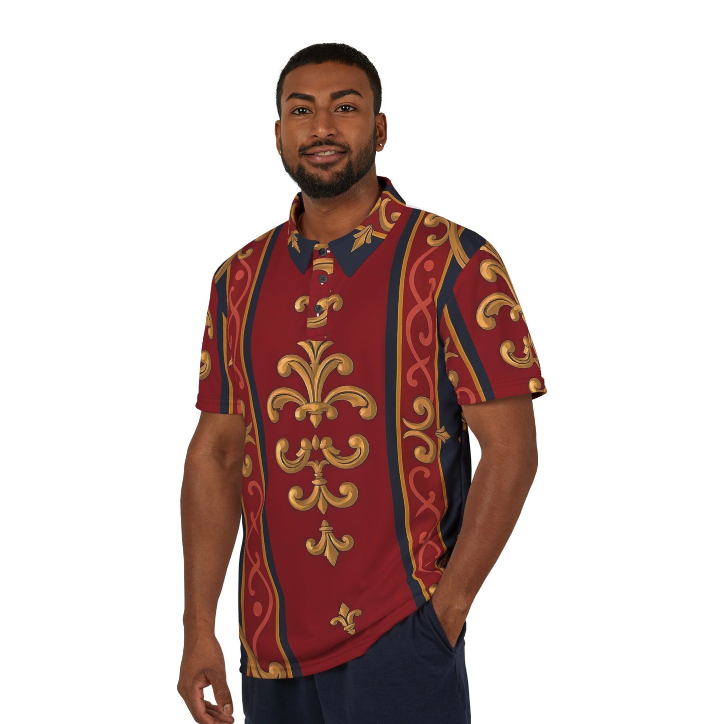 Regal Pattern Unisex Polo Shirt, Stylish Casual Wear, Gift for Fashion Lovers, Men's Polo, Special Occasions - Midnight Blue & Dusk Red Gold Baroque