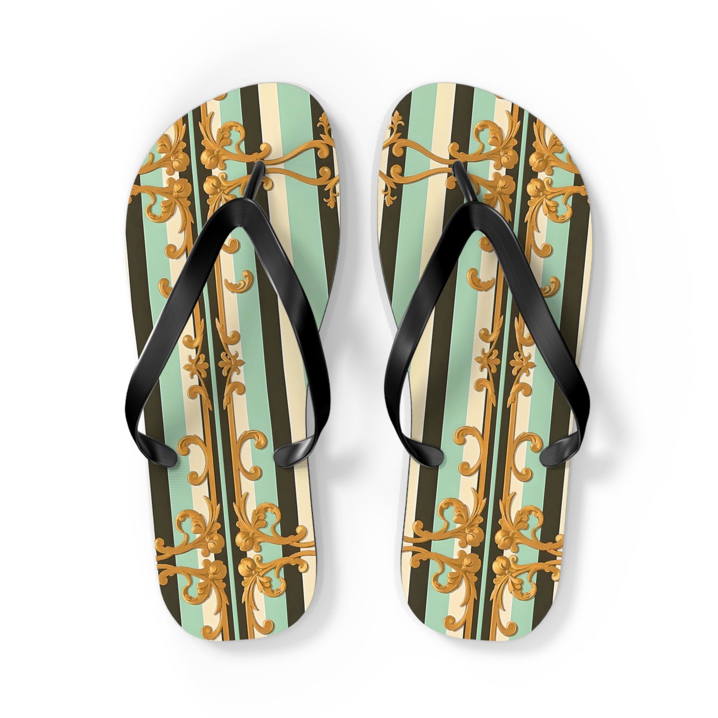 Elegant Patterned Flip Flops, Summer Sandals, Vacation Footwear, Beach Day Slippers, Festival Essentials - Black & Matte Mint Striped Rococo