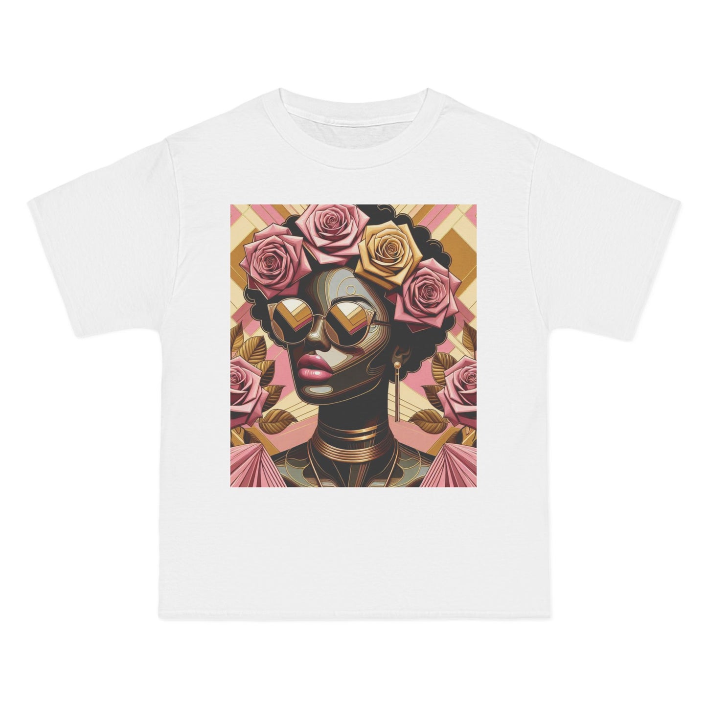 Artistic Floral Feminine T-Shirt, Stylish Tee with Mixed Media Design, Vibrant Short-Sleeve Top, Trendy Casual Wear - Pink Roses Lady