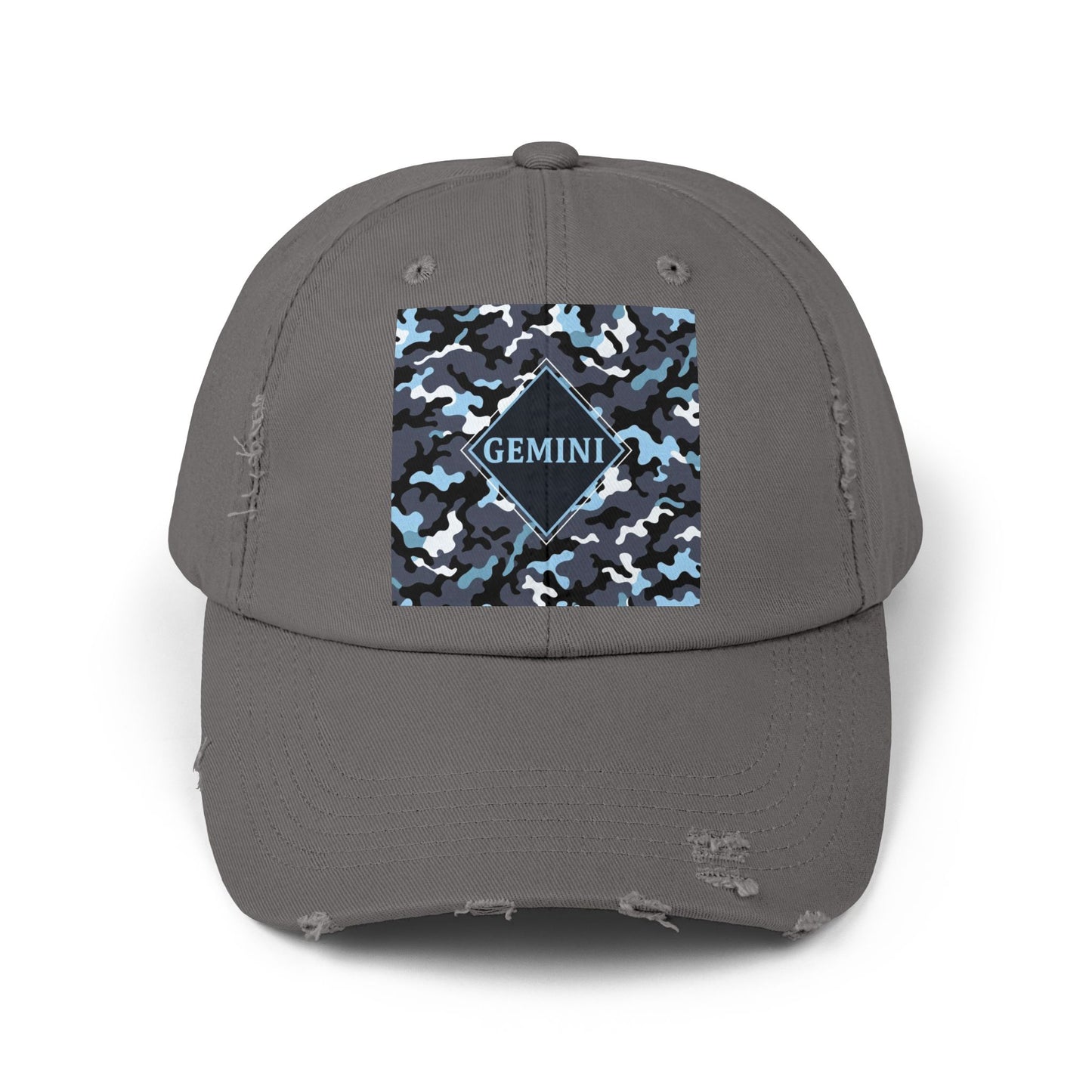 Gemini Distressed Cap - Unisex Camo Design - Black, Grey & Ice Blue