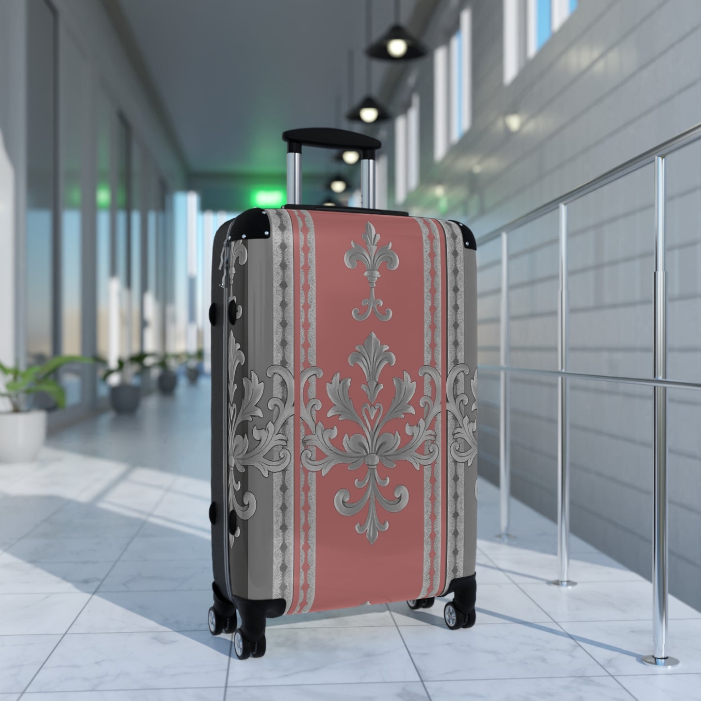 Elegant Floral Design Suitcase for Stylish Travelers - Gray & Mauve Striped Baroque