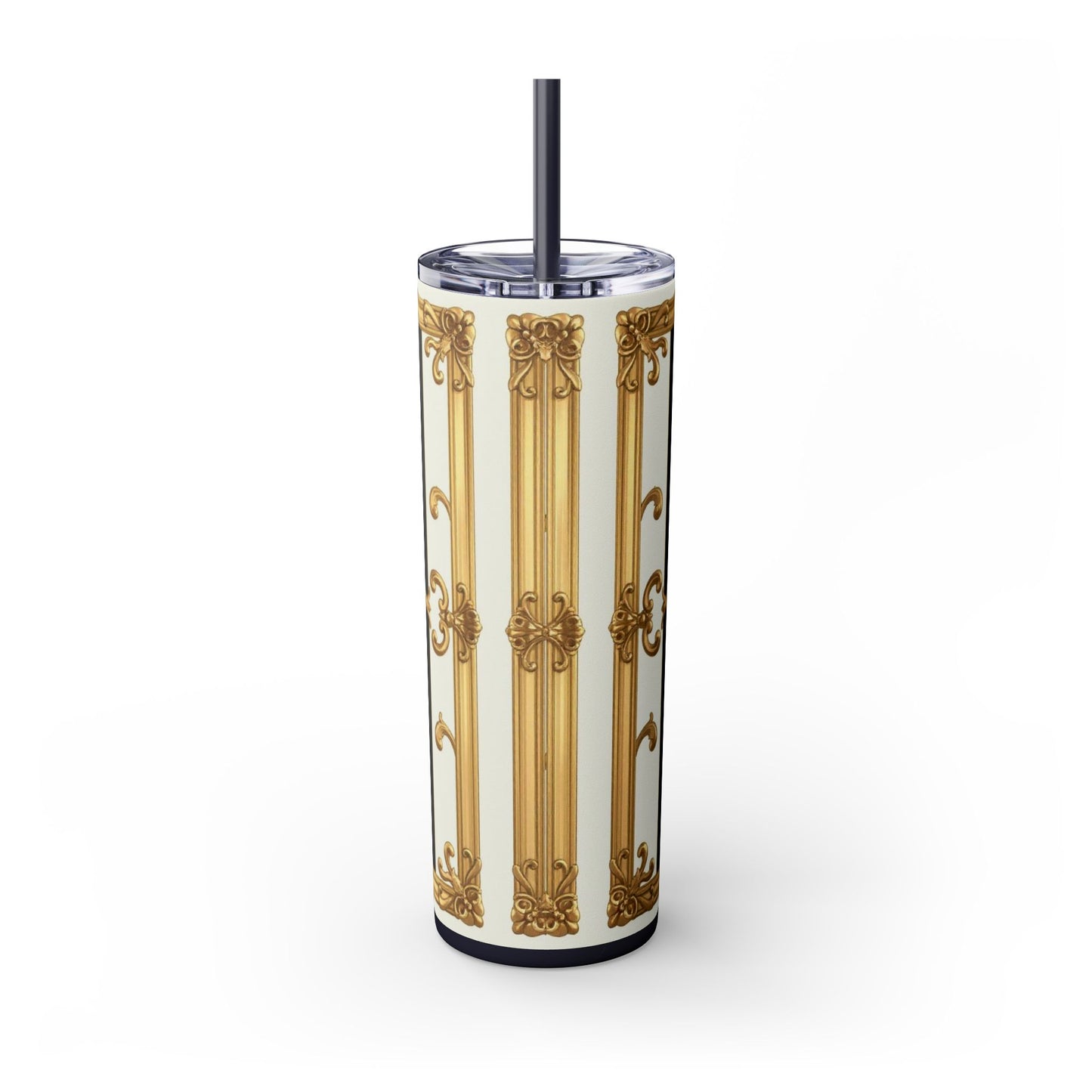 Elegant Gold Accents Skinny Tumbler, 20oz - Stylish Drinkware for Weddings, Parties, Gifts, or Everyday Use - Black & White Striped Gold Baroque