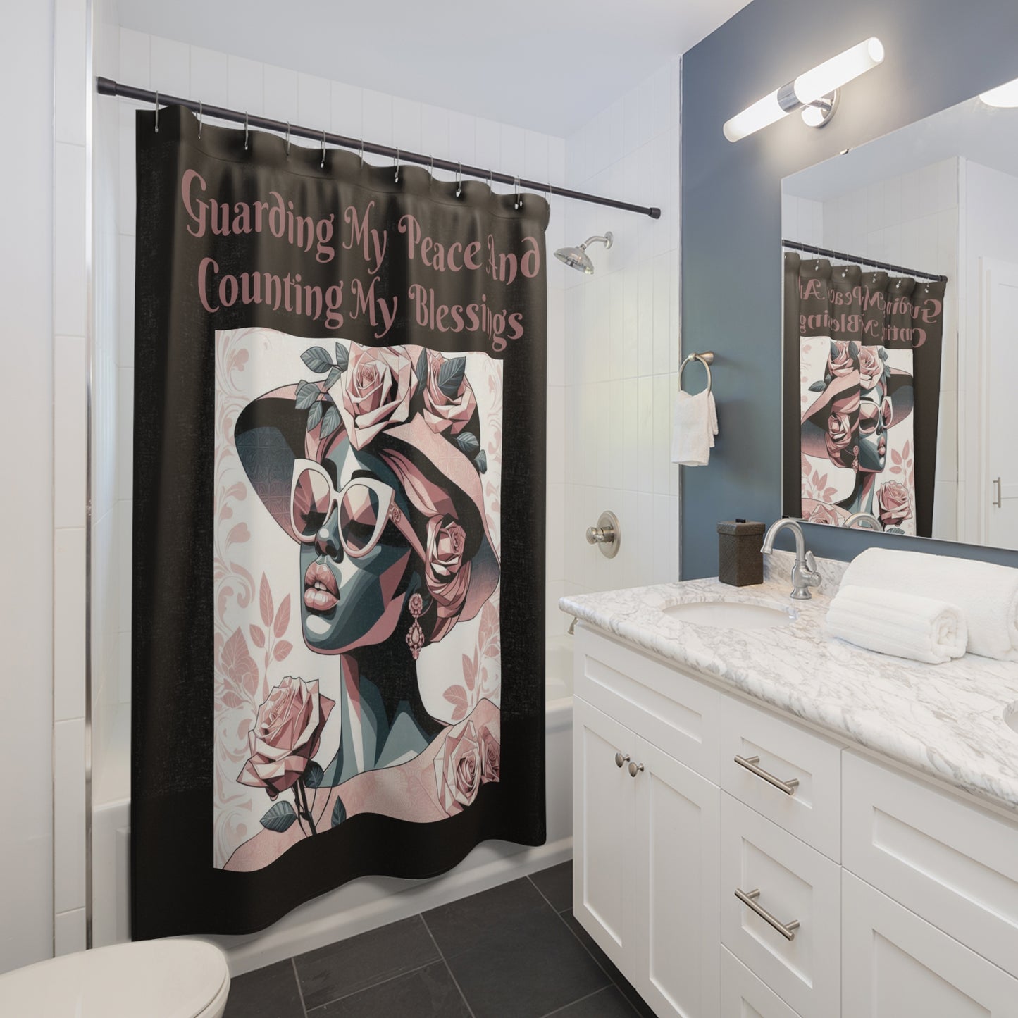 Elegant Floral Shower Curtain - "Guarding My Peace And Counting My Blessings" - Home Decor, Bathroom Accessories, Gift Idea, Self-Care