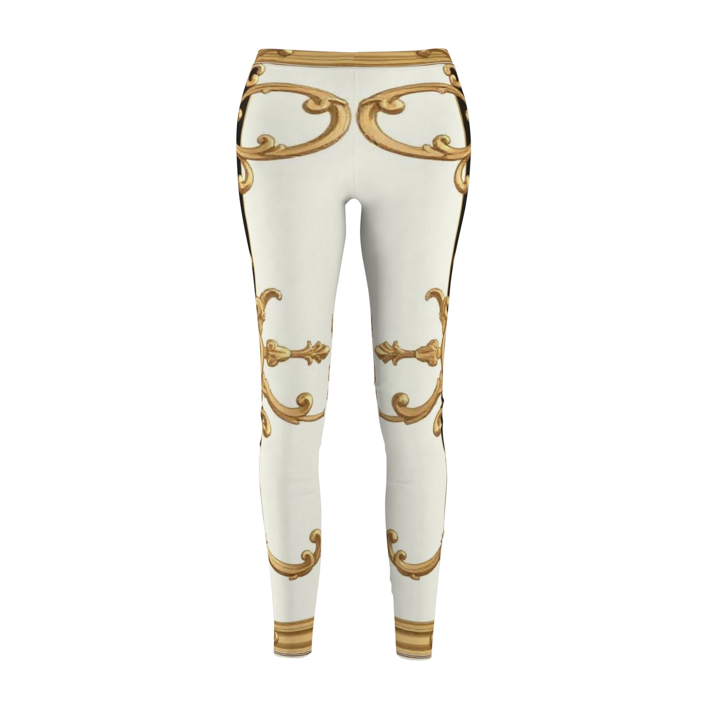 Elegant Women's AOP Leggings - Luxurious Comfort for Casual Style, Fashion Leggings, Trendy Fitness Wear - Black & White Striped Gold Baroque